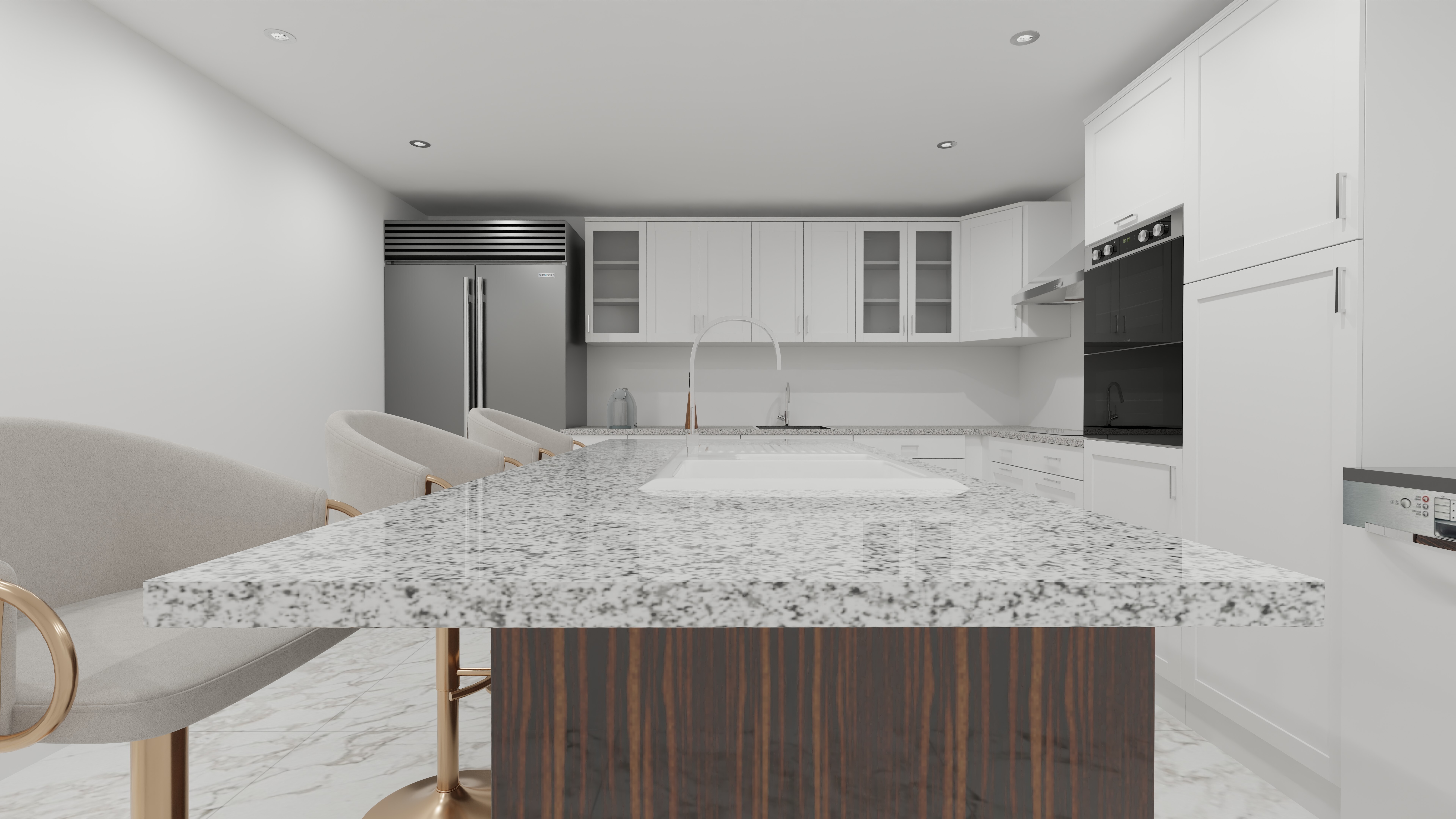 Photoreal render of modern kitchen island with granite countertops.