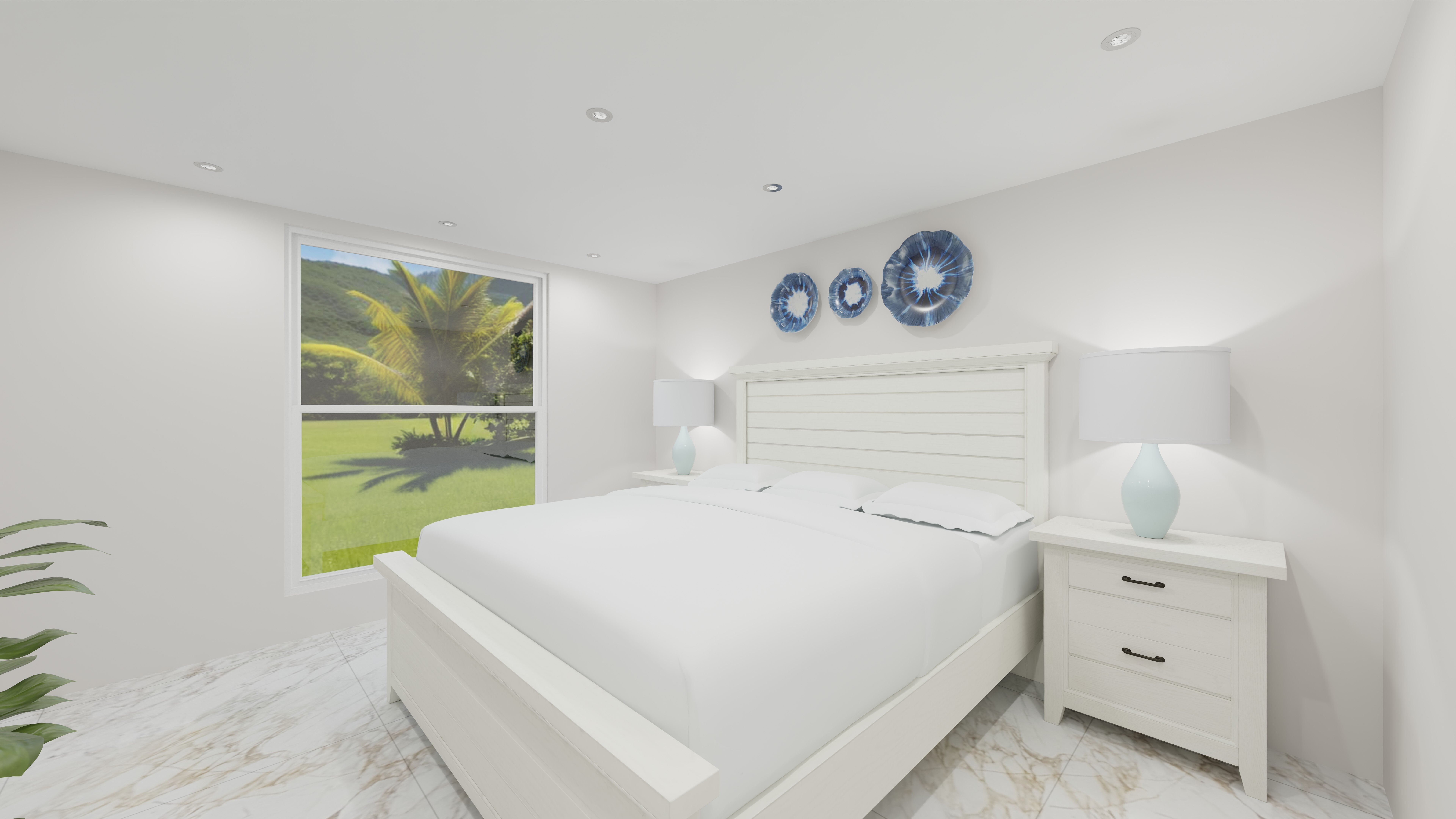 Bright bedroom render with coastal design elements.