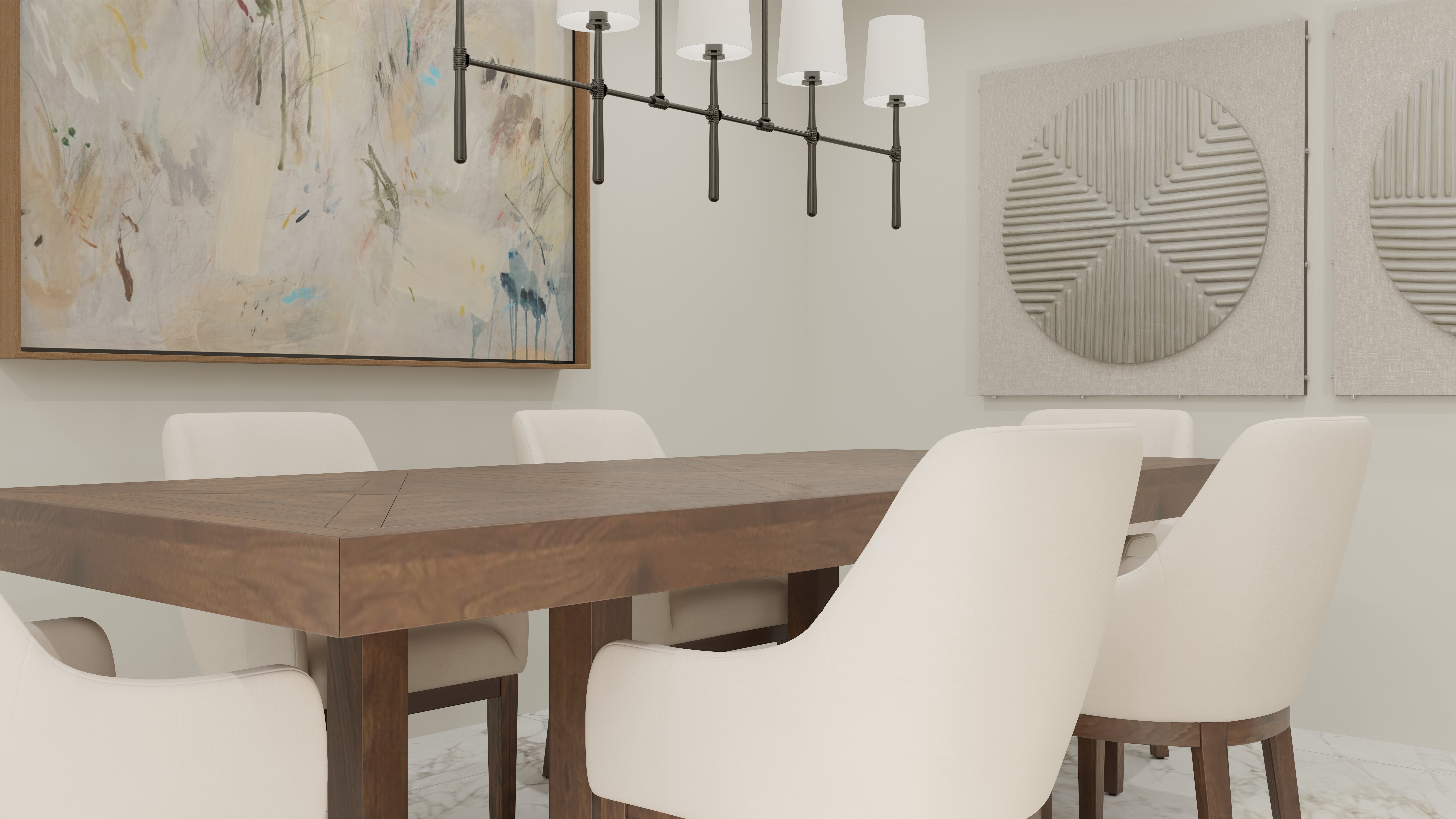 Formal dining room rendering with art features.