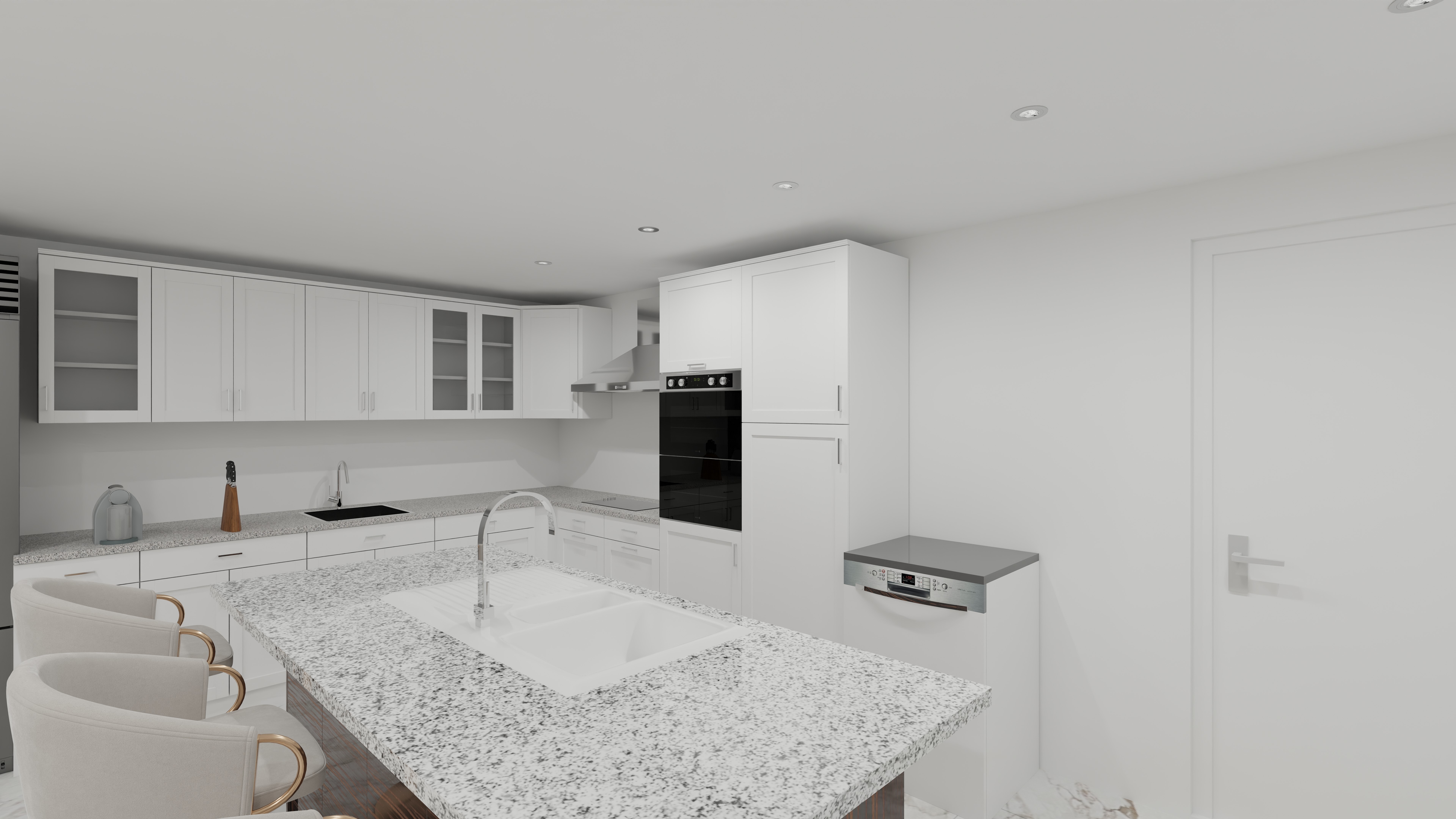Full view photoreal kitchen rendering with white cabinetry.