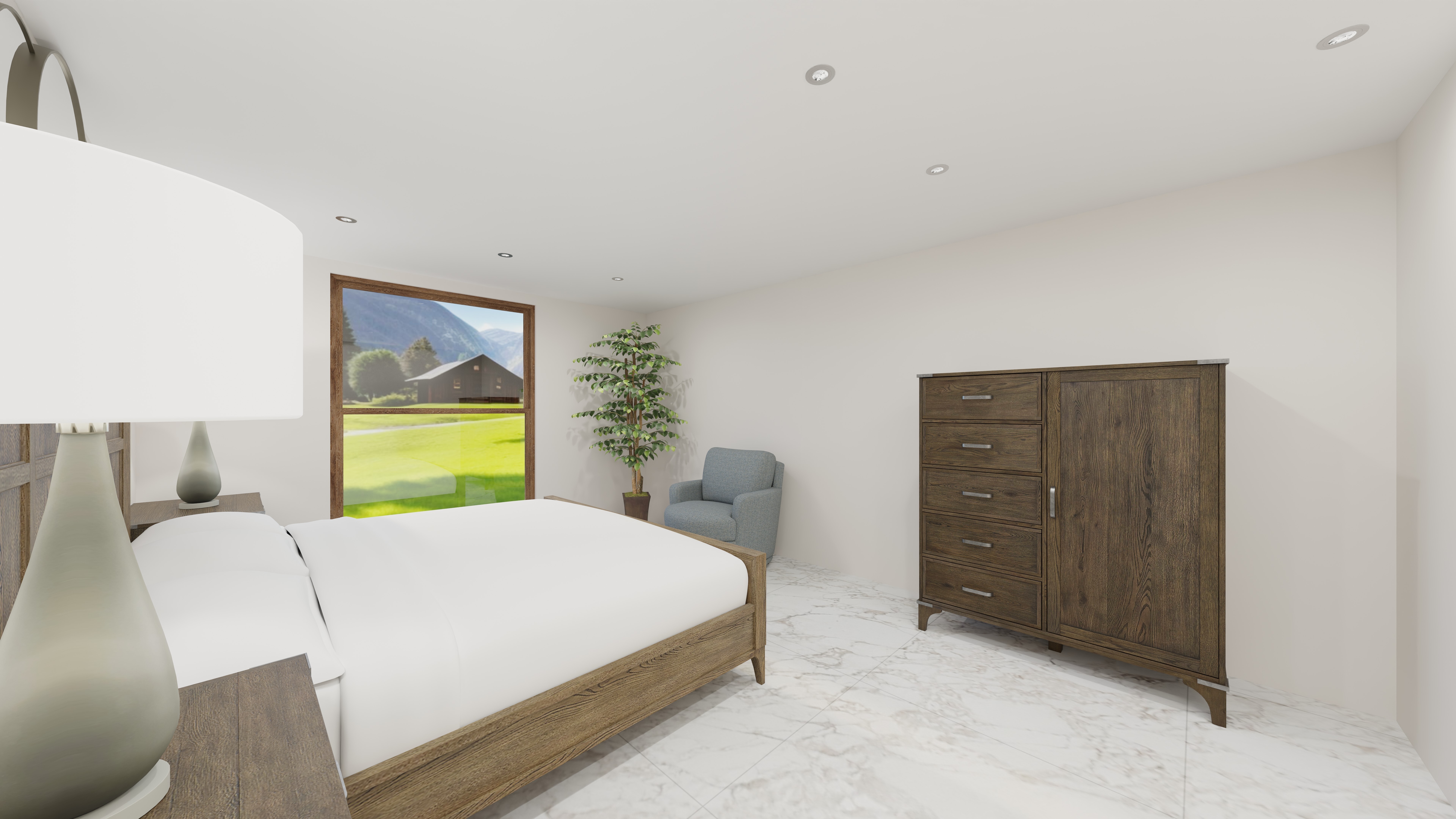 Master bedroom rendering with wardrobe and view.