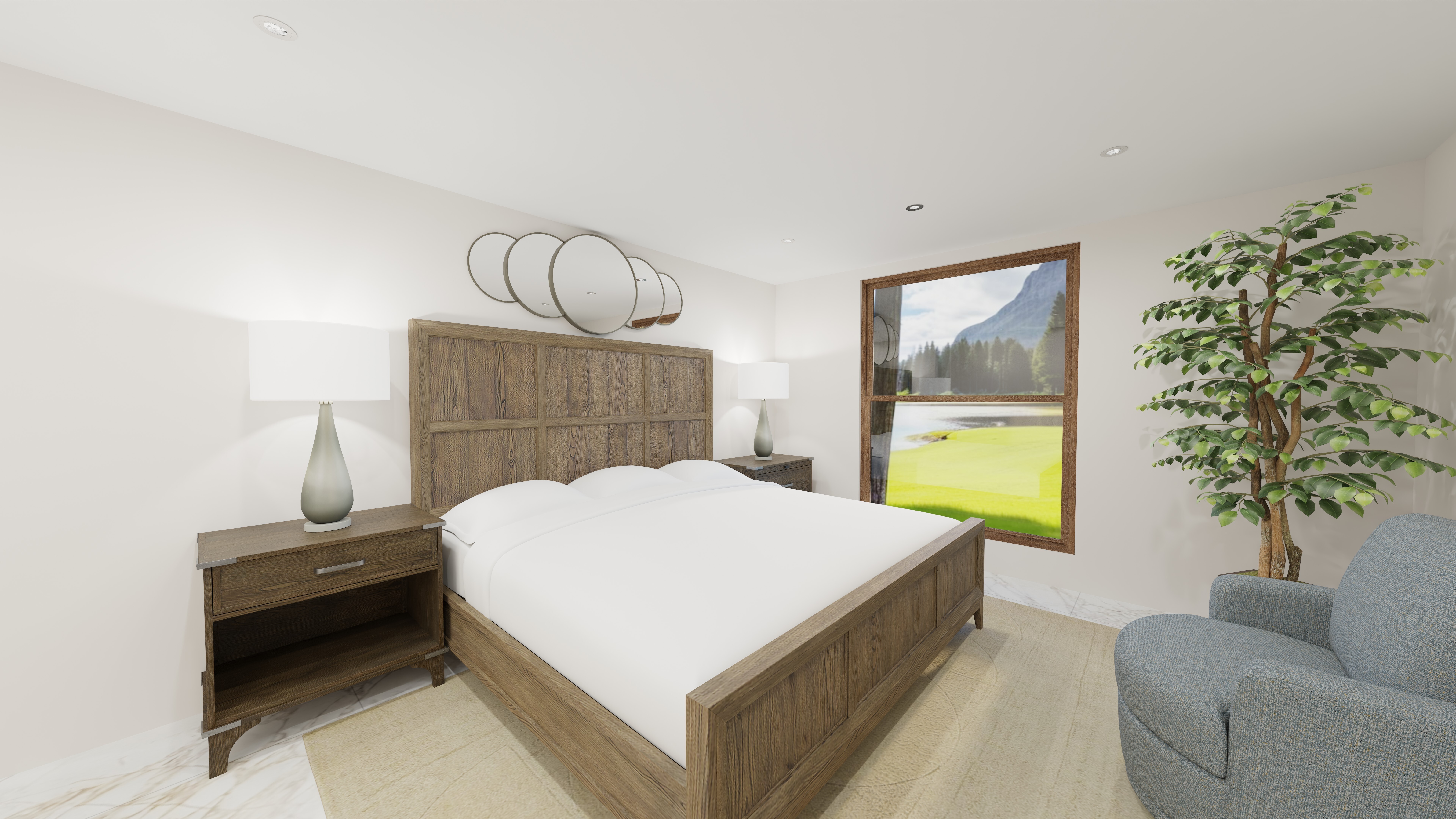 Bedroom interior render with large planter and mirrors.