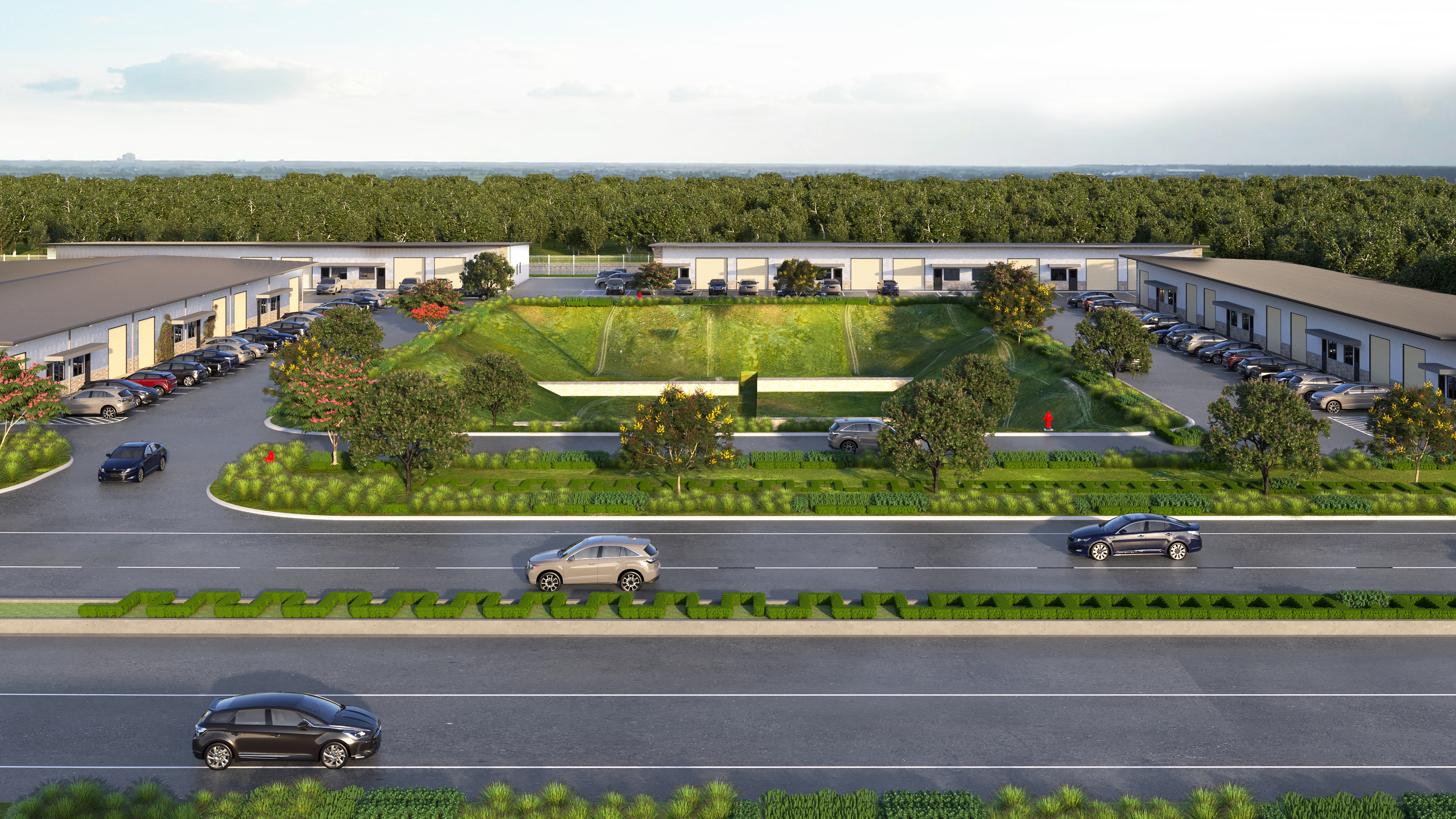 Office park exterior render street-facing angle (Office Park 1).