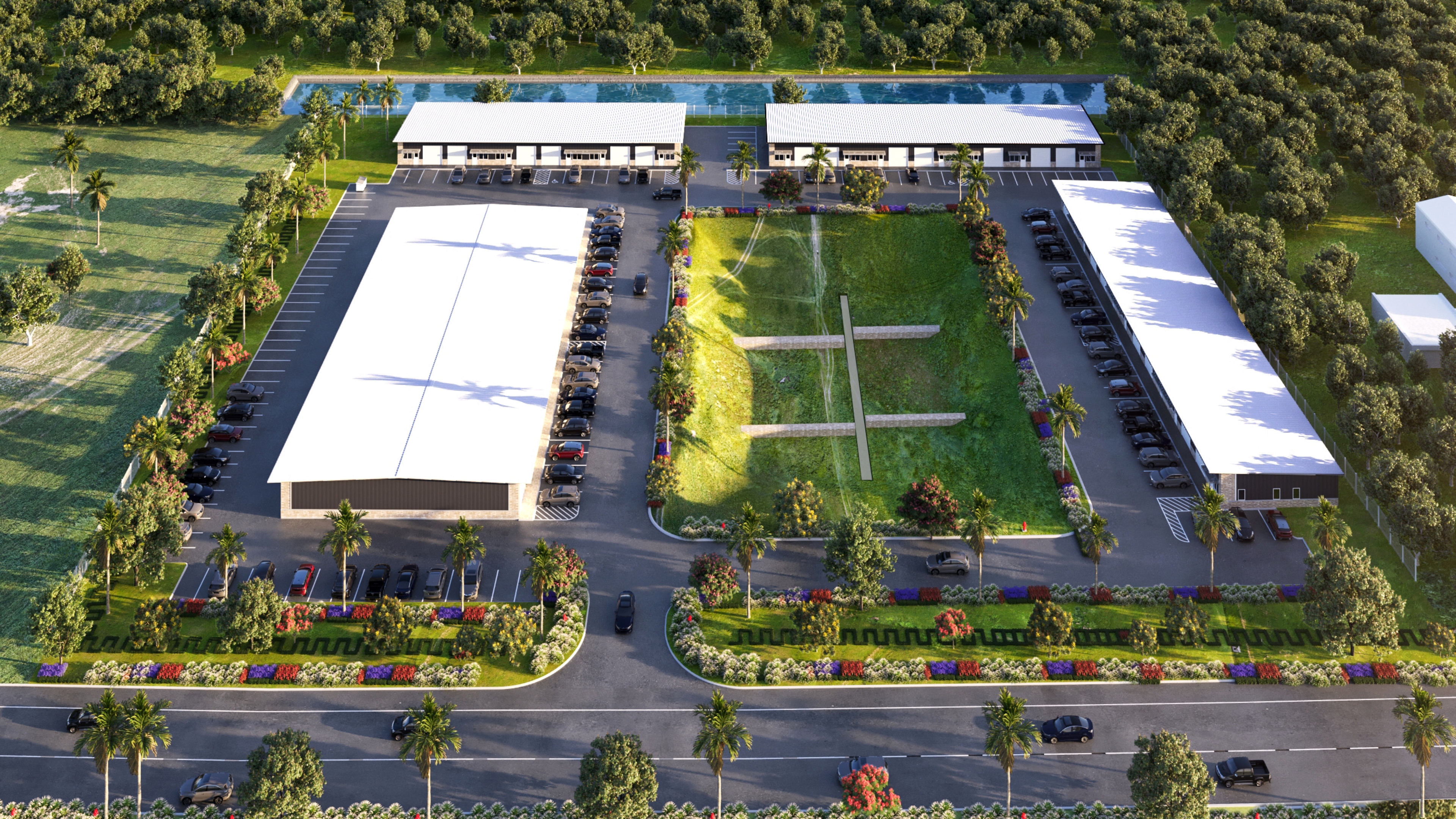 Office park aerial courtyard render top-down (Office Park 2).