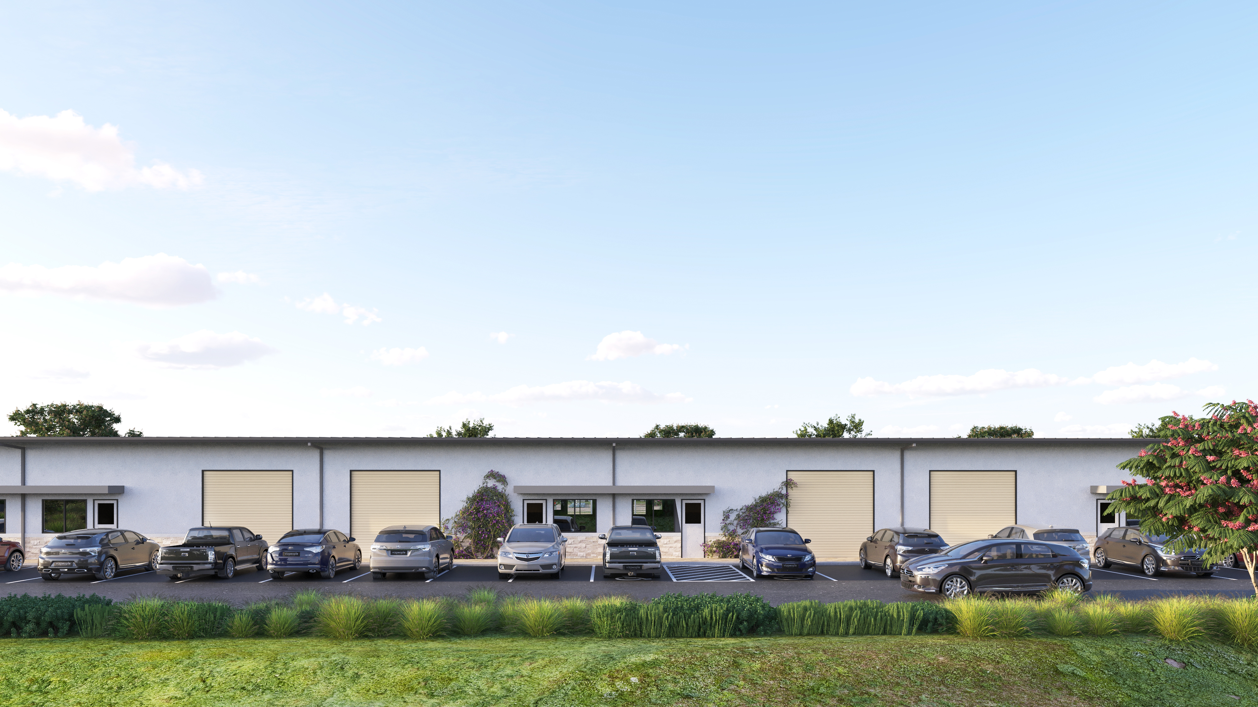 Office park exterior render front elevation context (Office Park 3).