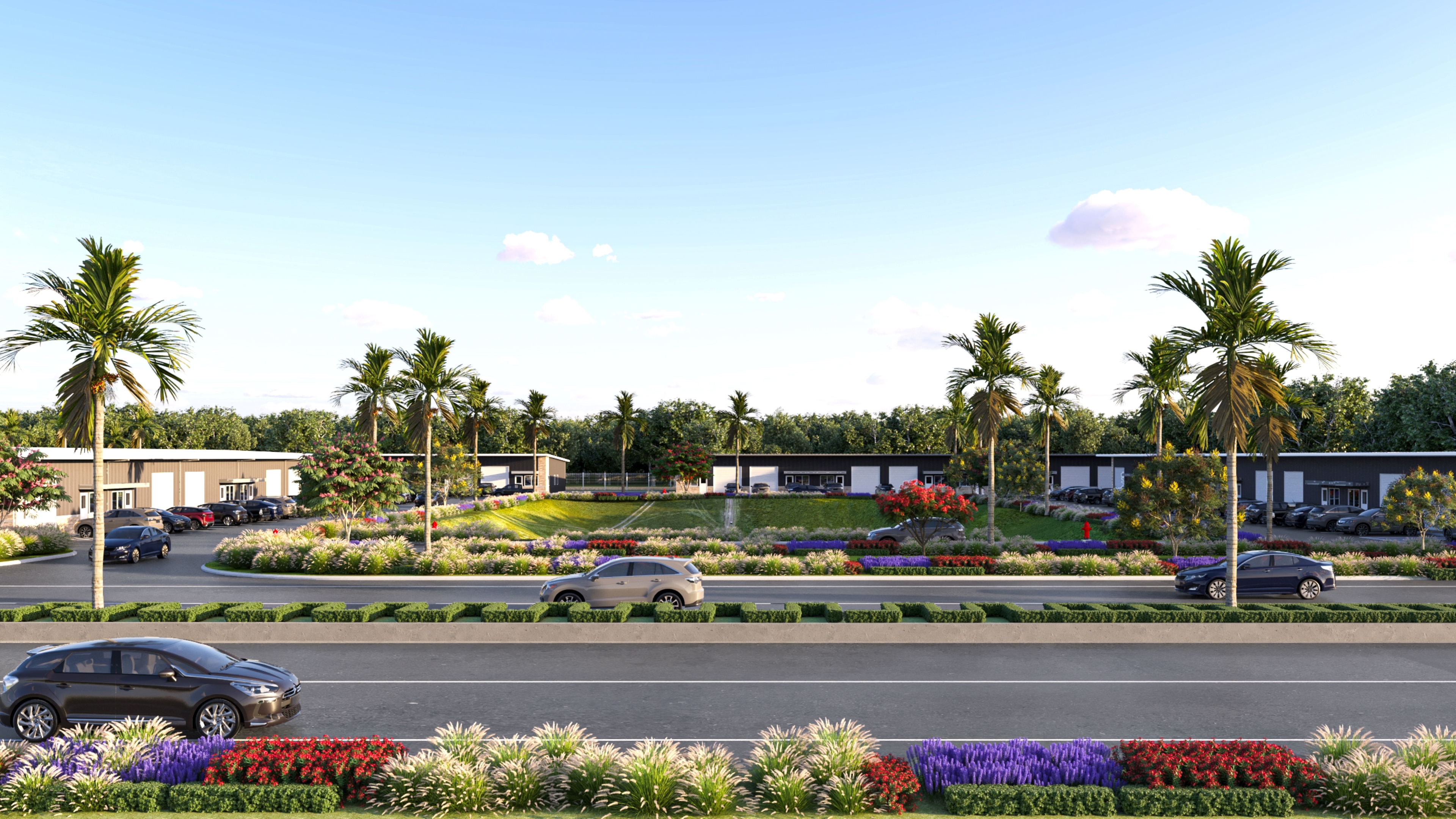 Office park streetscape render with landscaping (Office Park 4).