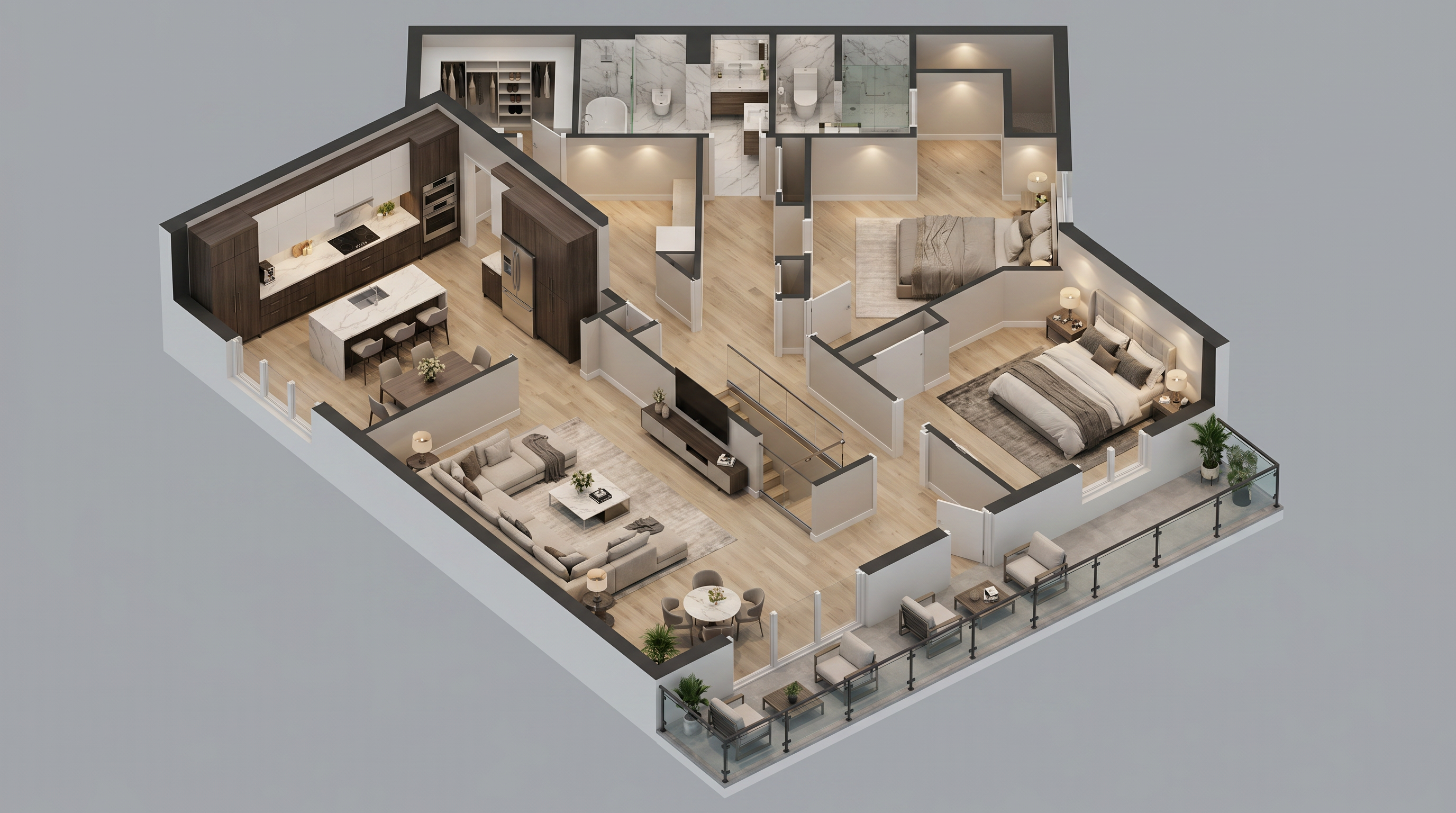 Residential floor plan rendering with modeled rooms, fixtures, and furnishing context.