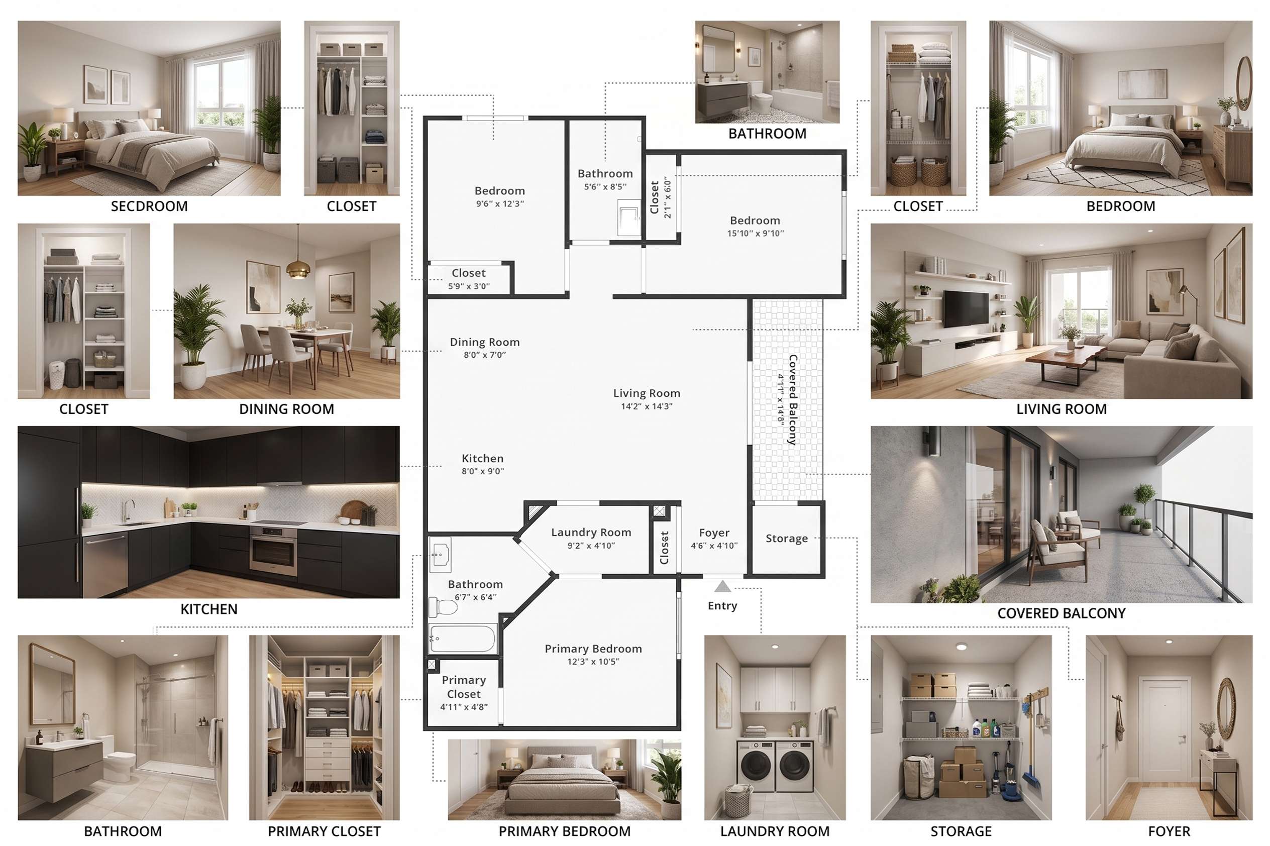 8K floor plan rendering with room-by-room interior callouts for bedrooms, closets, dining room, kitchen, bathroom, living room, balcony, laundry, storage, and foyer.