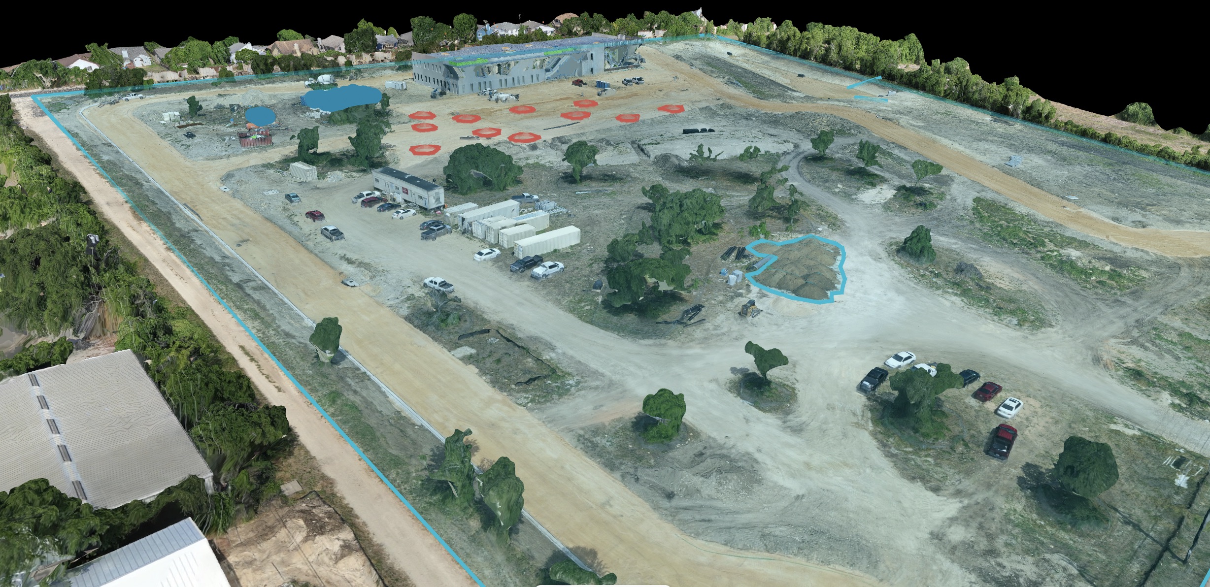 Oblique 3D model of a large site with highlighted areas and feature markings.
