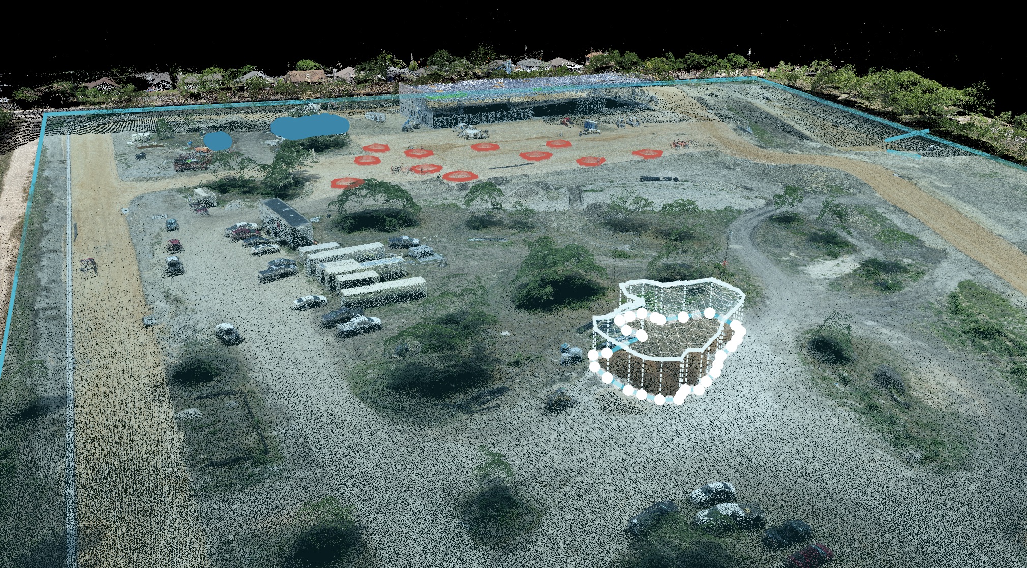 3D model view of a site with a structure outlined for measurement or review.