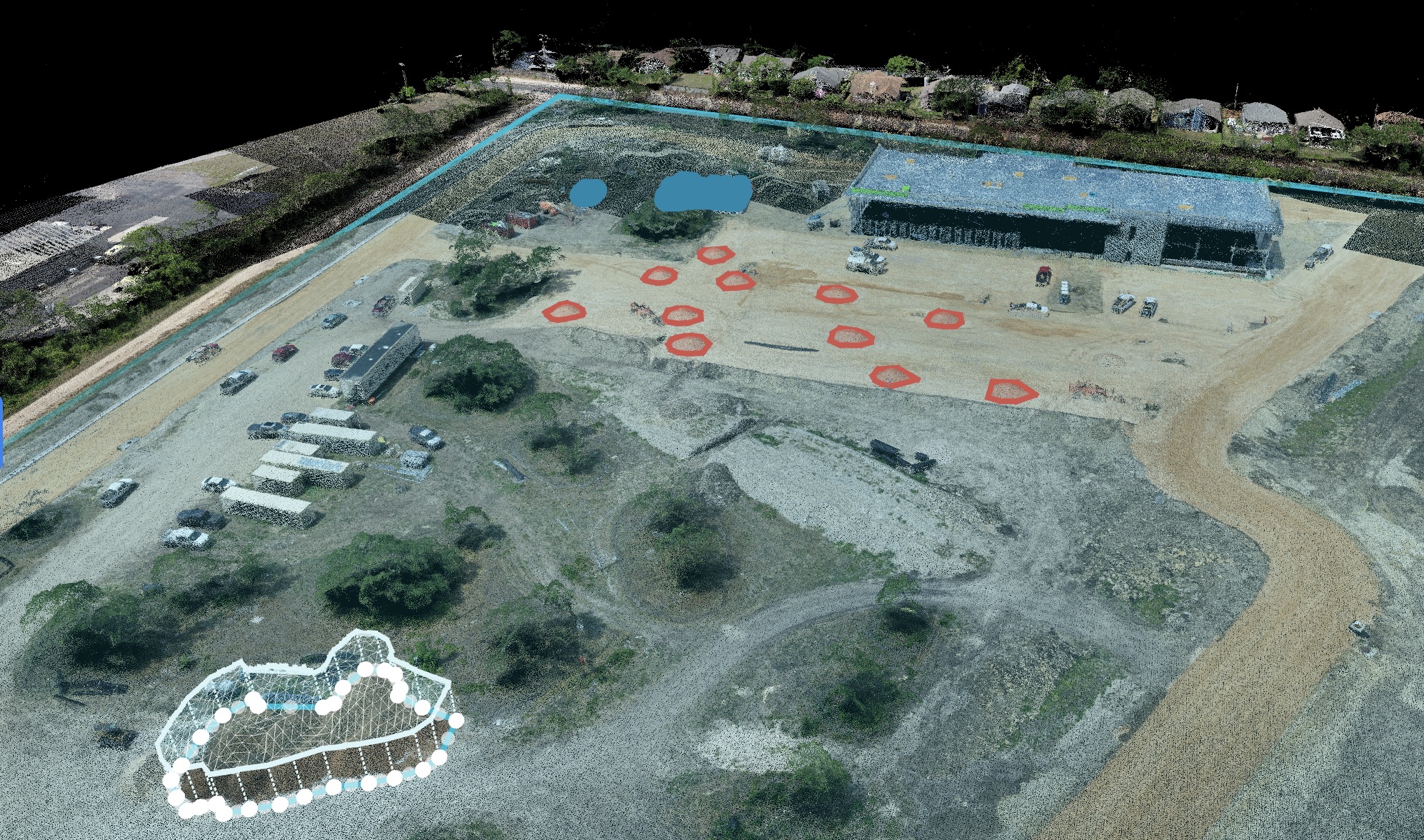Oblique 3D model of a graded site with markings and surrounding context.