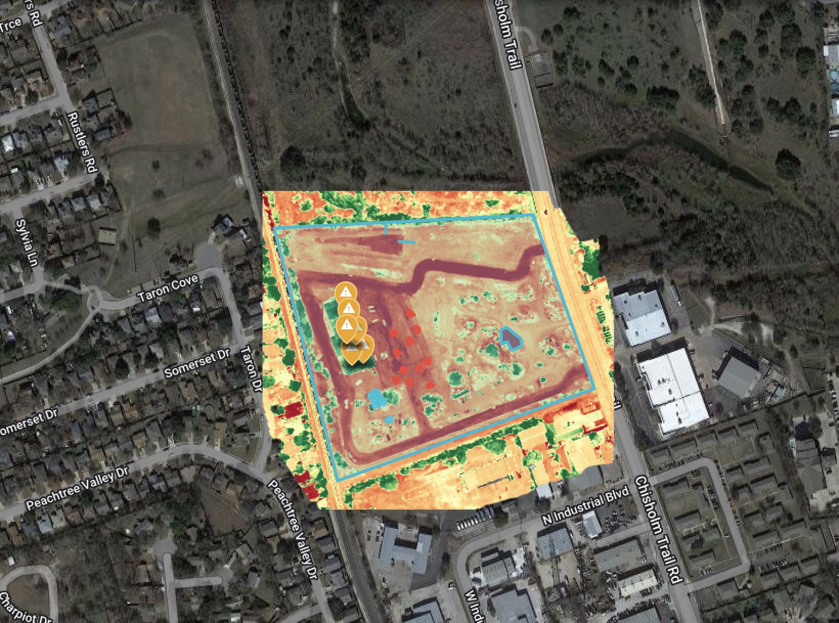 Orthomosaic of a square site with colored analysis overlay and boundary lines.