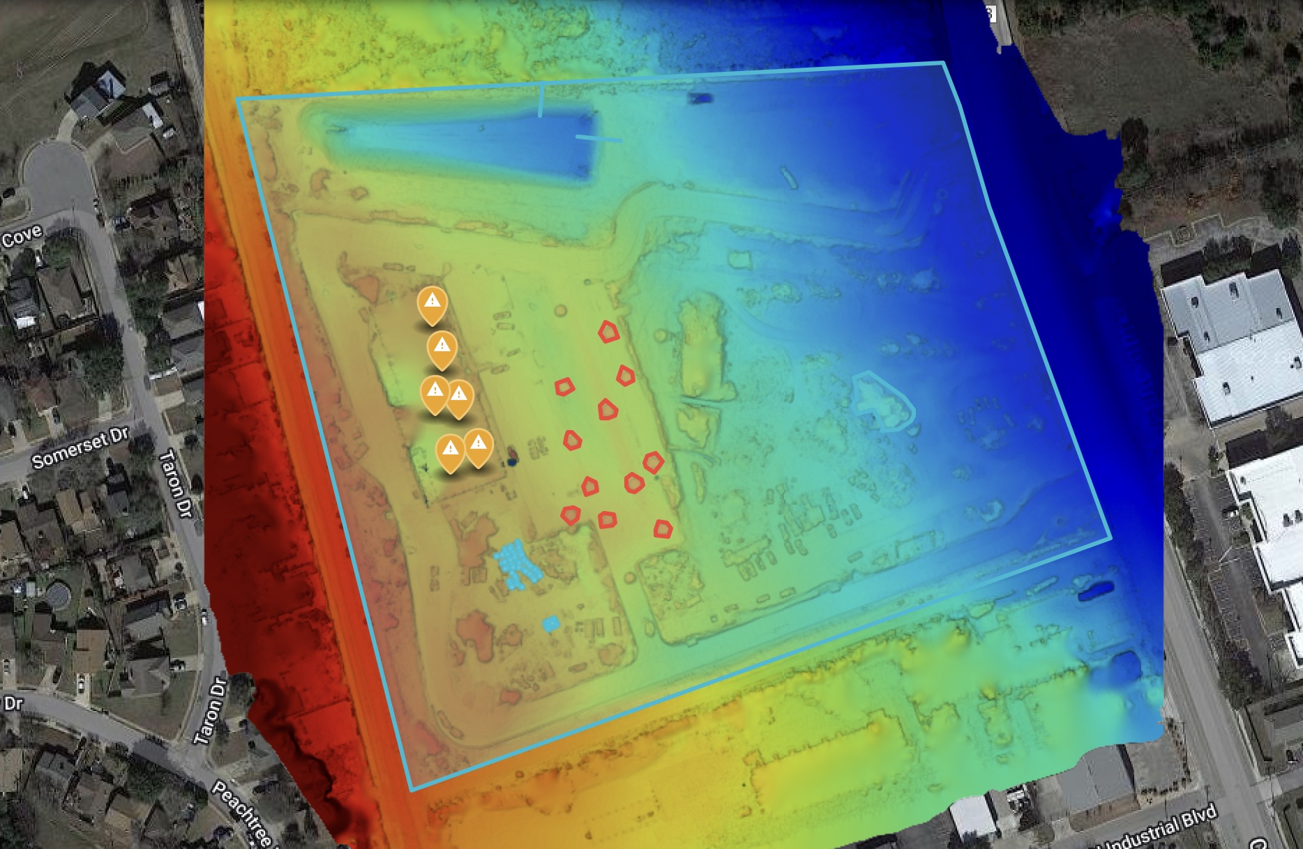 Full-site elevation color map showing slope and elevation variation across a boundary.