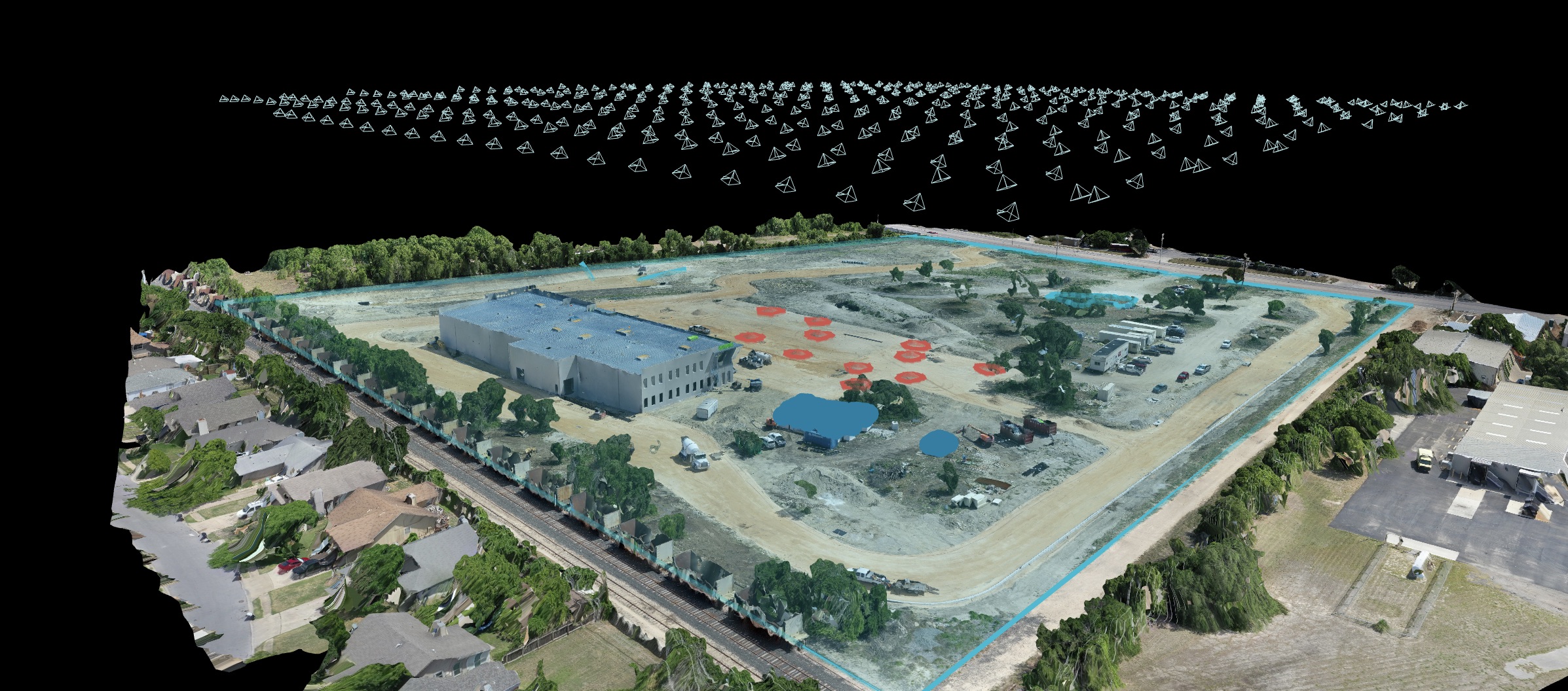 Oblique 3D model with a field of camera markers above the site for coverage review.