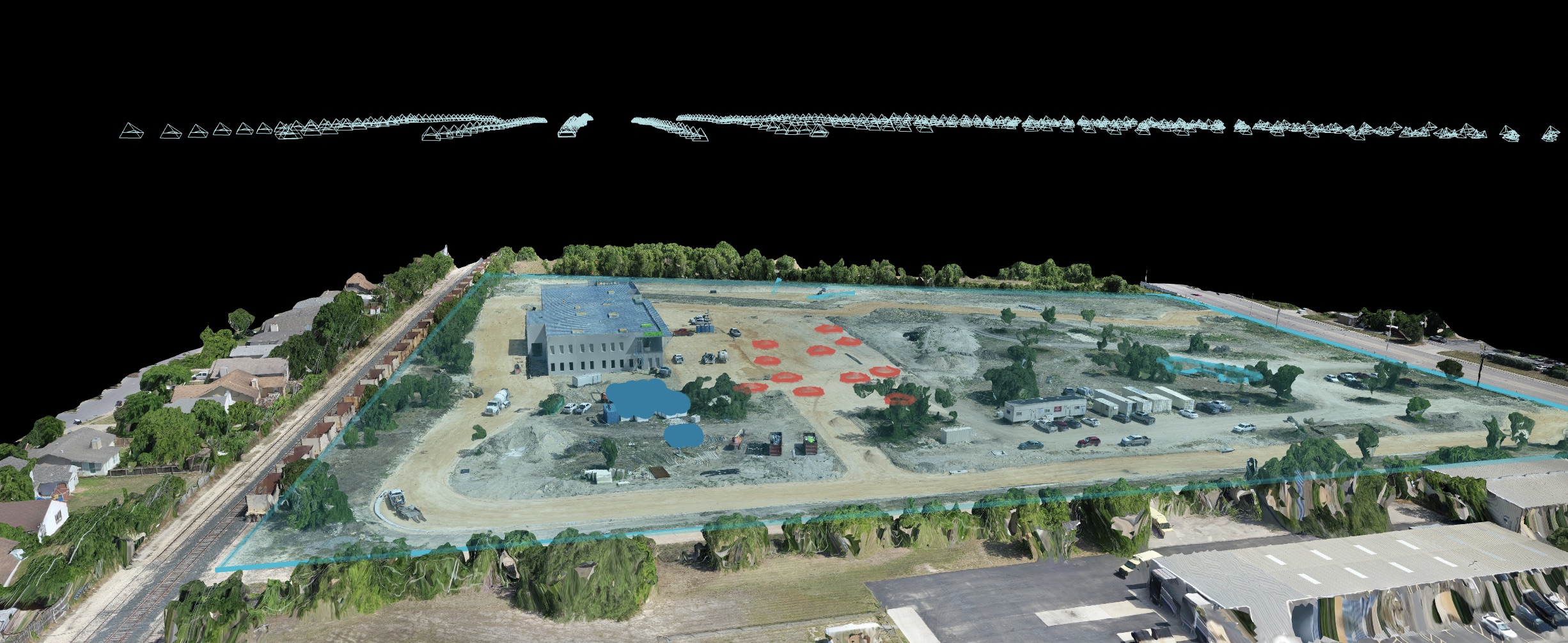 3D model of a site with flight reconstruction points shown above for alignment context.