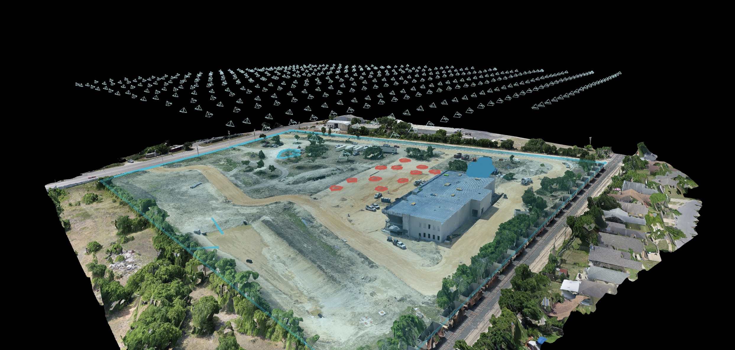 Perspective 3D model view of a site with buildings, roads, and annotated areas.