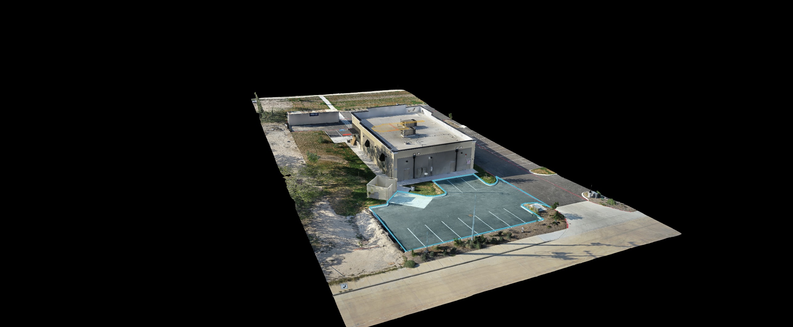 3D model of a commercial building with parking lot and surrounding pavement edges.