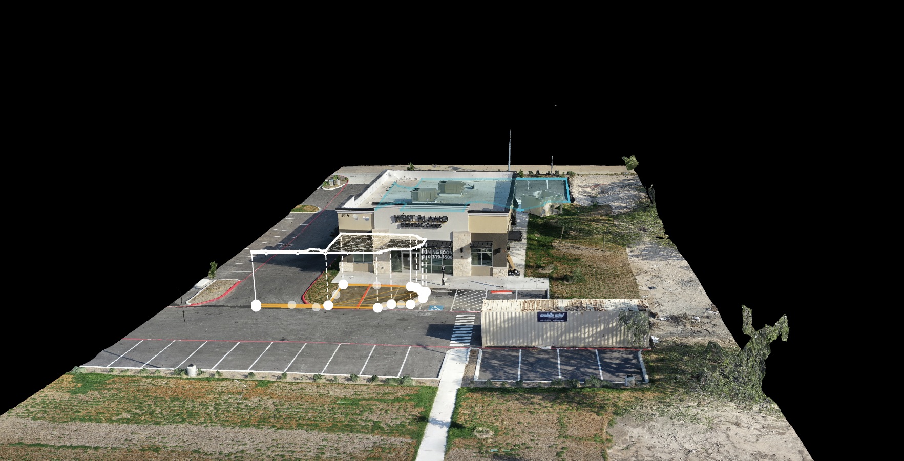 3D model of a building site with control points and linework visible for measurement.