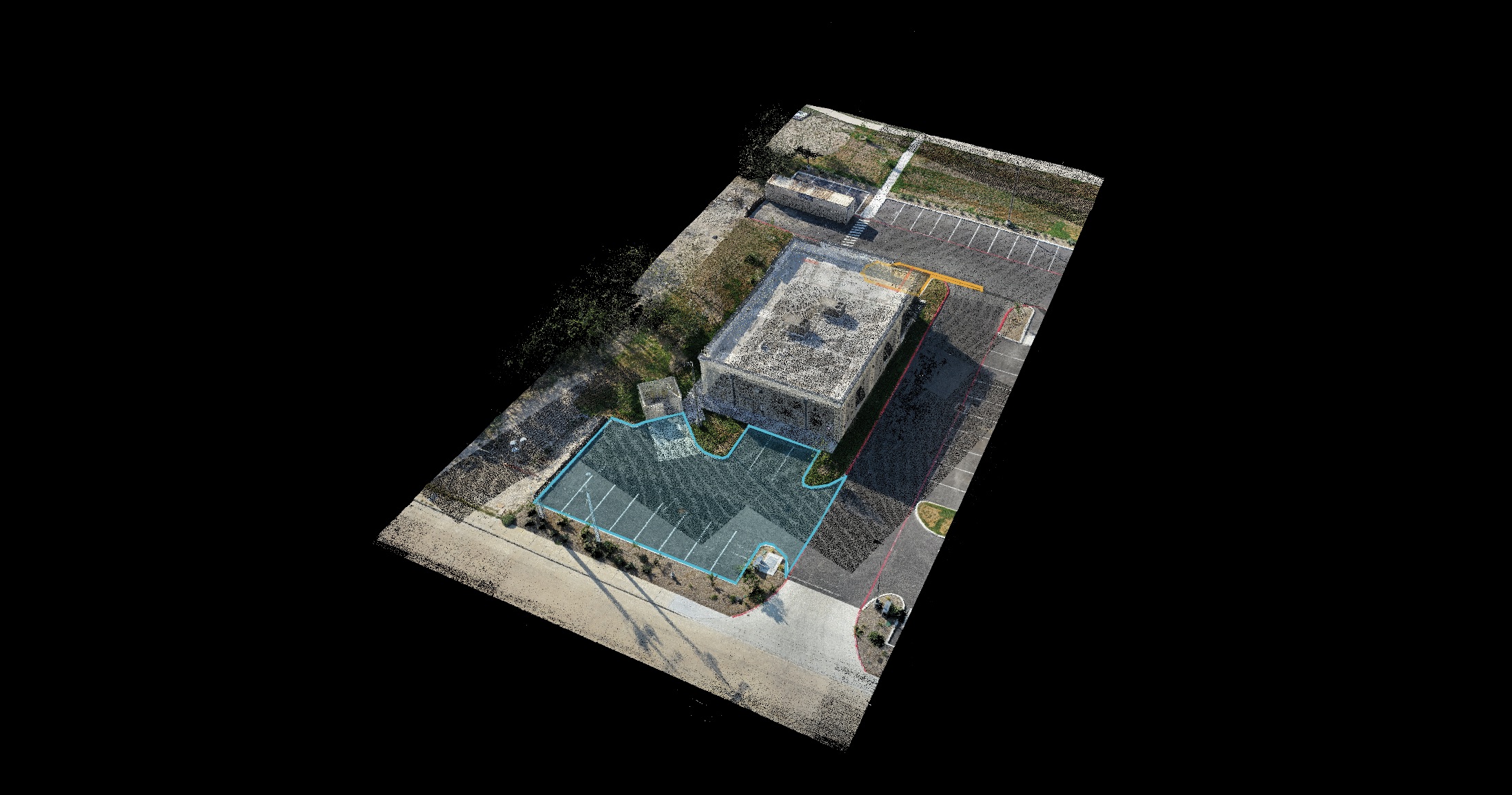 Top-down rotated 3D model of a small commercial building and parking area.