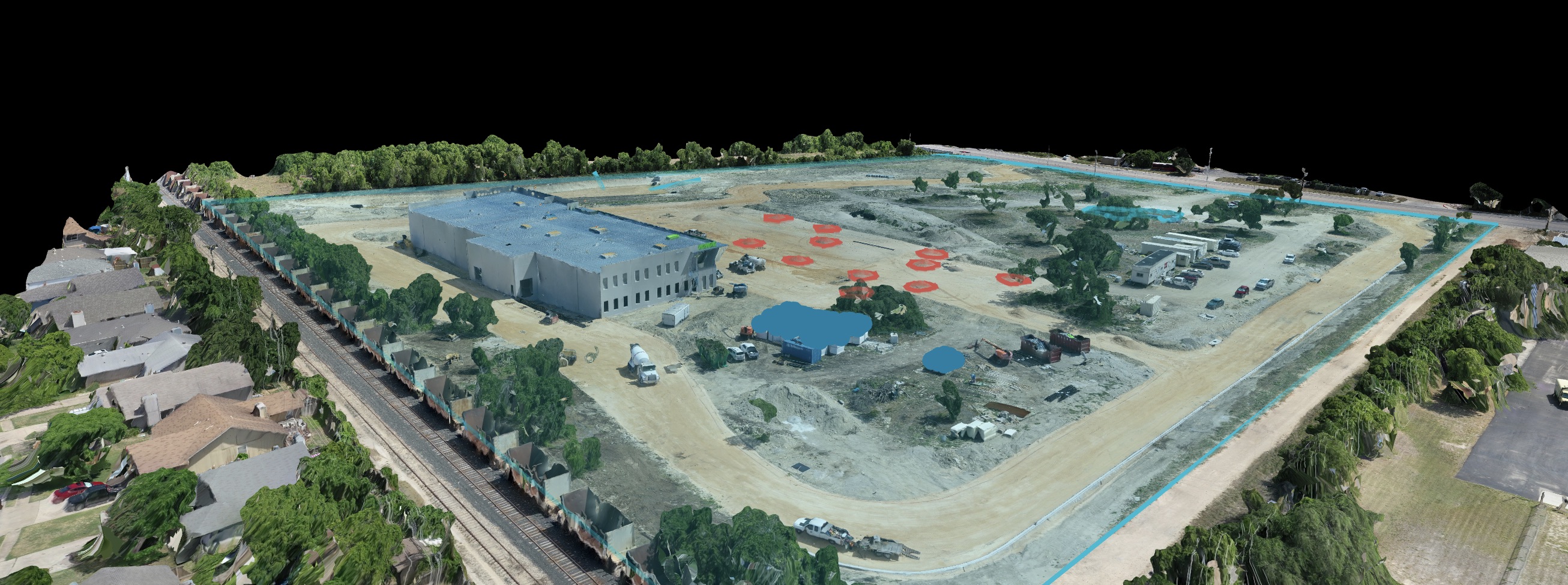 Oblique 3D model view of an industrial site with buildings and yard features.