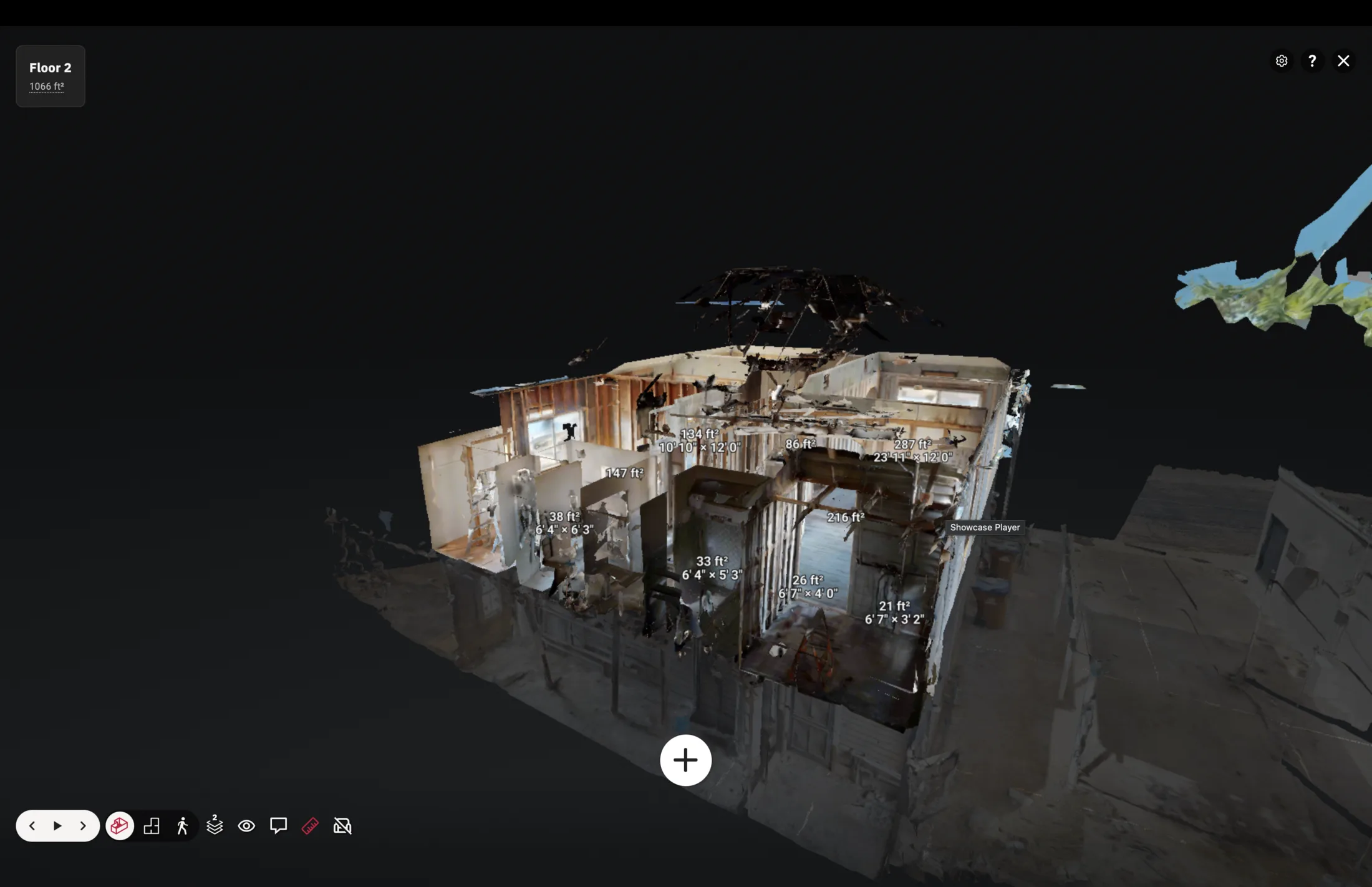 Cutaway dollhouse view showing room by room areas and floor level measurement context
