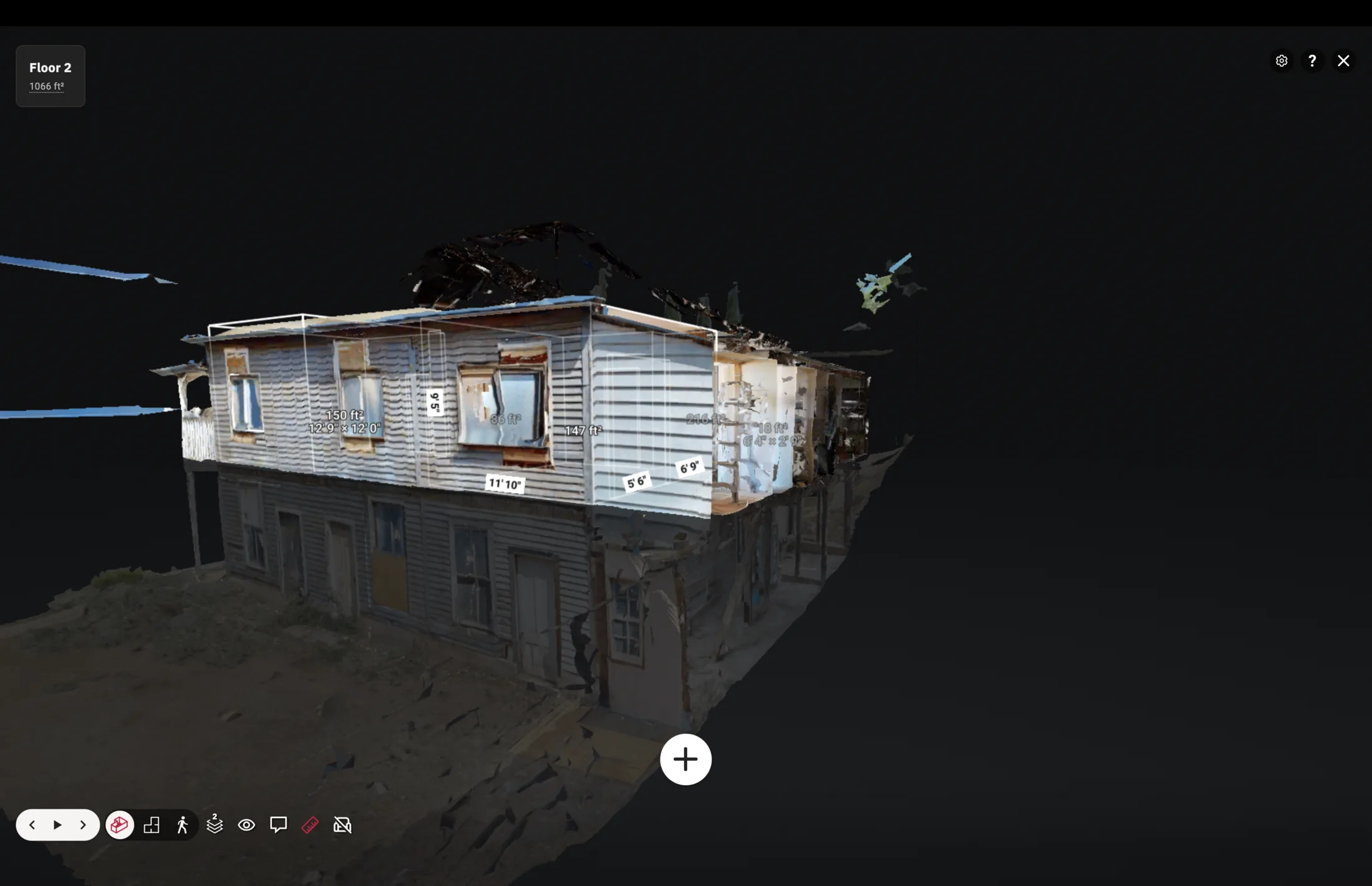 Dollhouse view showing Floor 2 area totals and individual room measurements