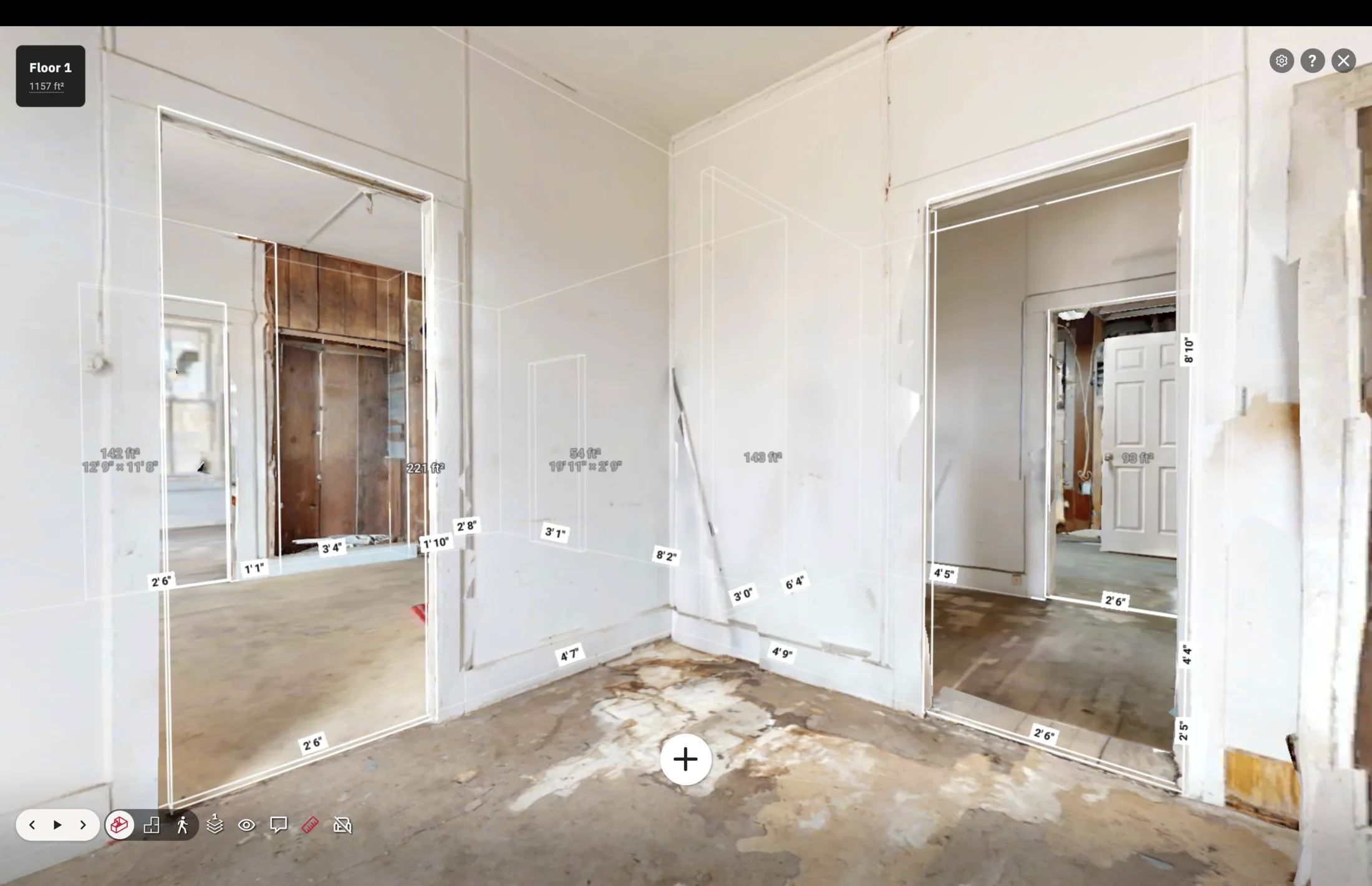 Interior property measurement view showing doorway widths, wall lengths, room areas, and Floor 1 context