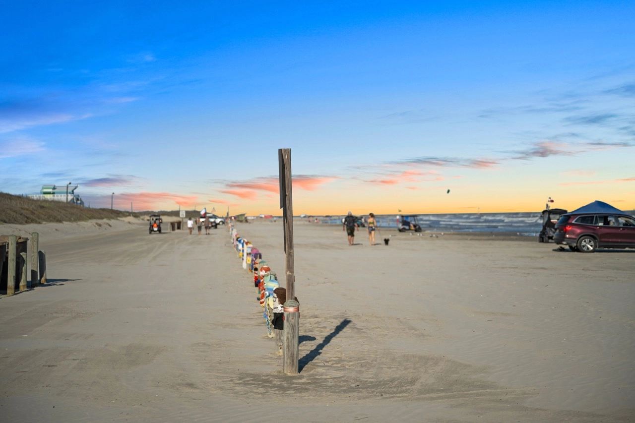 Beach access road in Port Aransas at sunset