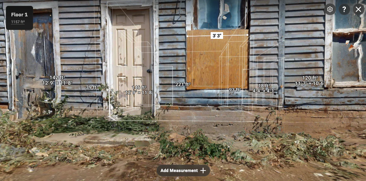 Street facing measurement view with room areas, wall relationships, and a 3 ft 3 in opening reference.