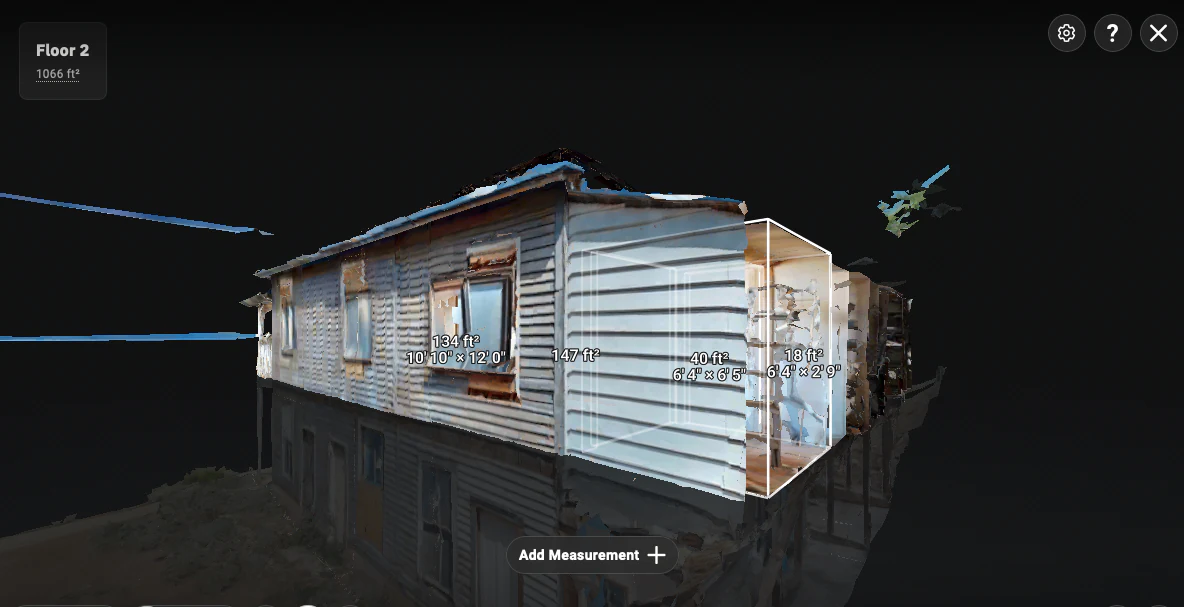 Corner cutaway linking room areas and dimensions to the building exterior.