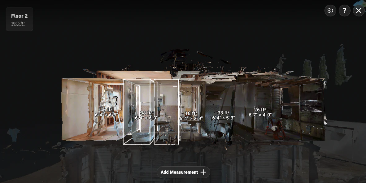 Interior cutaway showing adjacent rooms, circulation, and measurement overlays in one view.