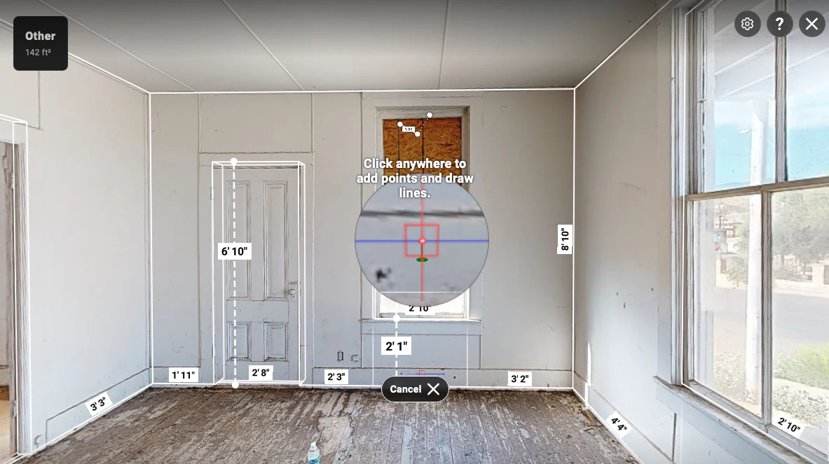 Room view with the point drawing measurement tool active, showing door and window openings, wall segments, and an 8 ft 10 in wall height within the 142 ft² area context.