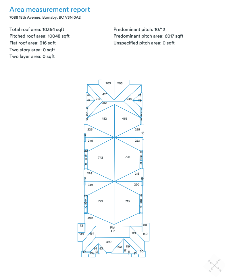 Sample area measurement report illustrating total roof area, pitched and flat areas, and facet areas for a Chicago project scope.