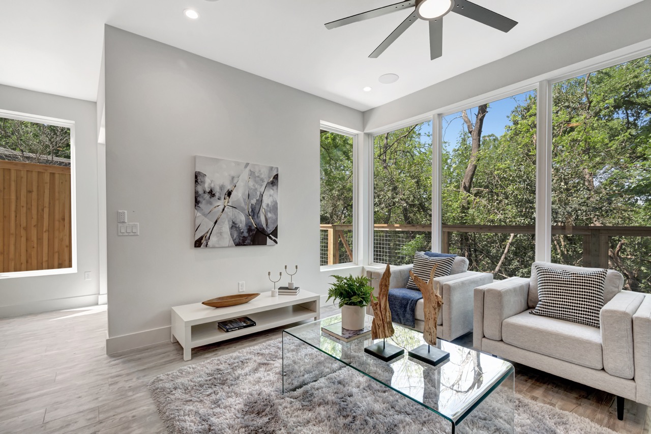 Living Room with Large Window Forest View