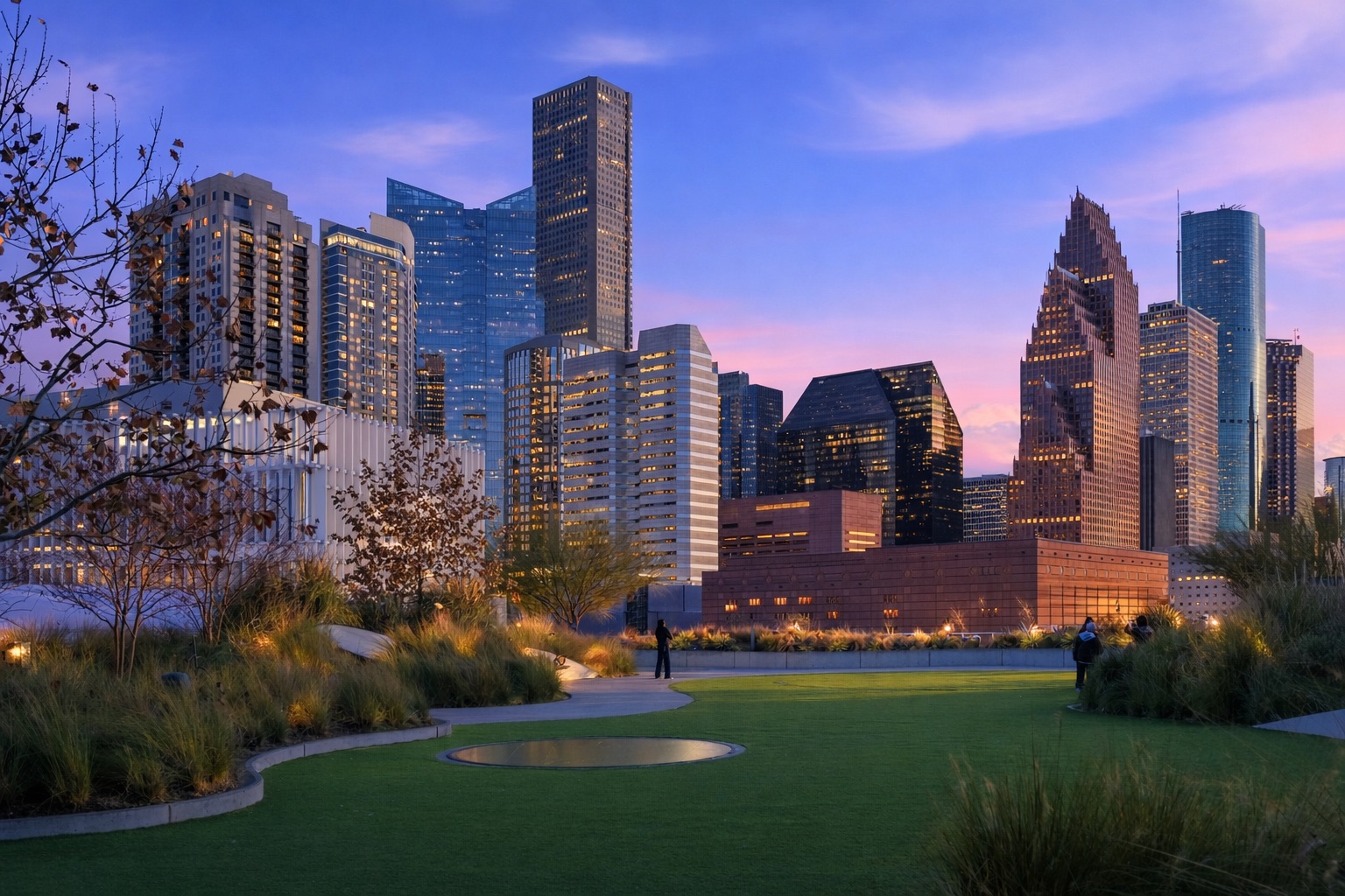 Discovery Green Park in Houston at blue hour dusk, with paths and the illuminated downtown skyline