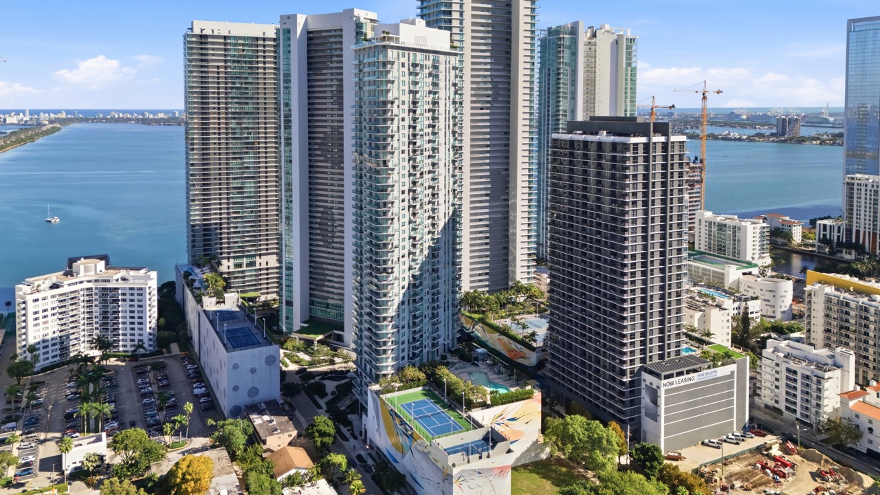 Aerial view of high rise construction in Edgewater Miami overlooking Biscayne Bay.