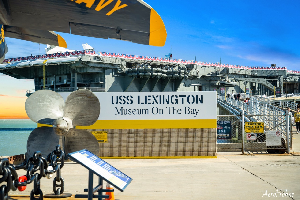 The large propeller and sign for the USS Lexington Museum on the Bay in Corpus Christi