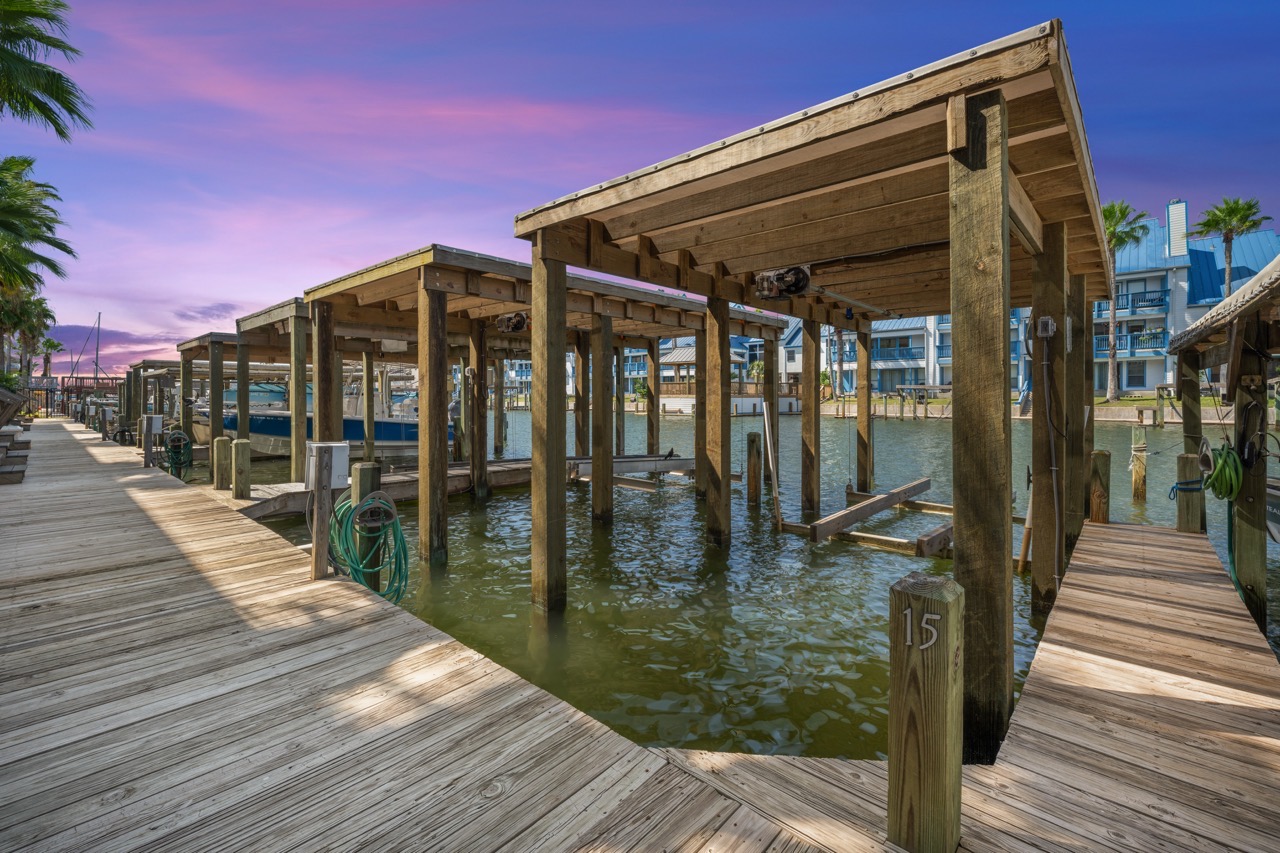 Covered boat docks at twilight