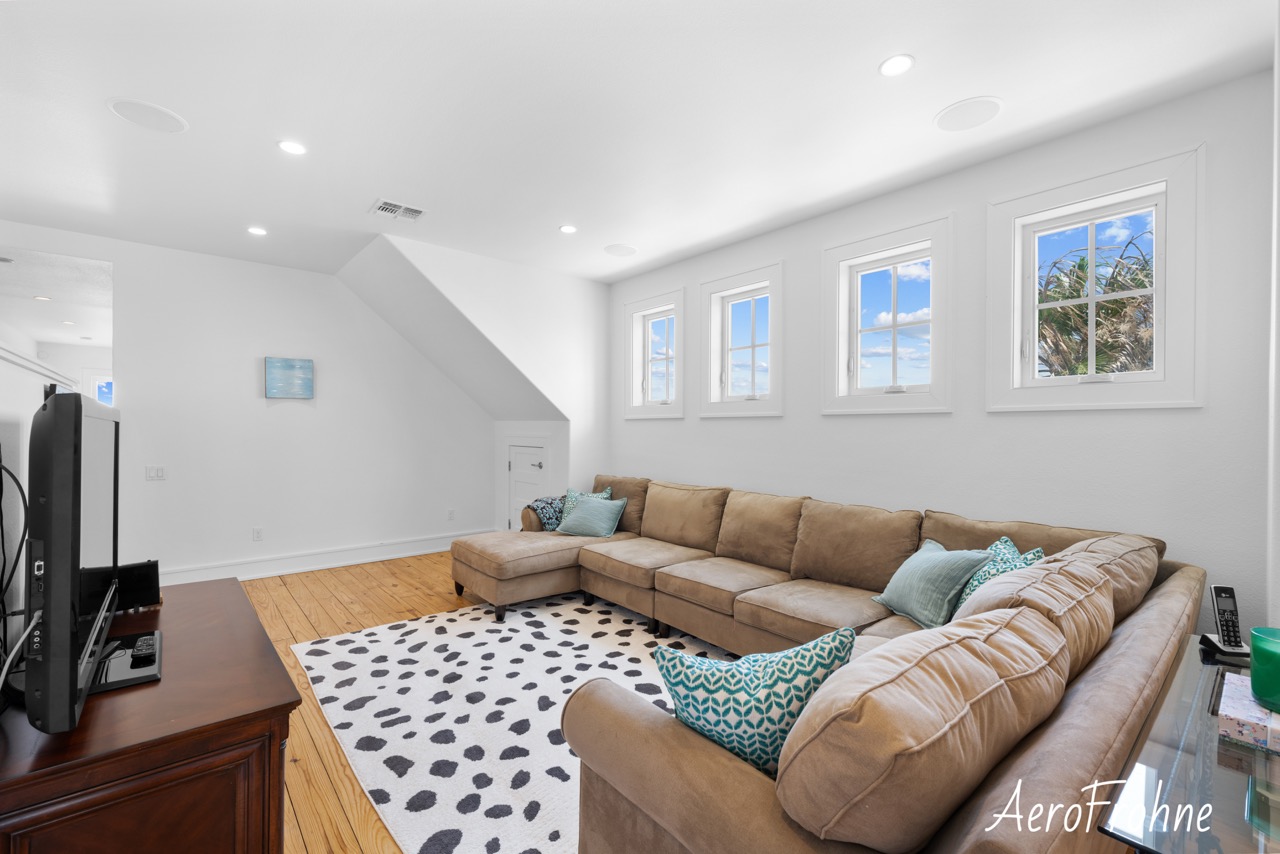 Wide angle interior of bright living room