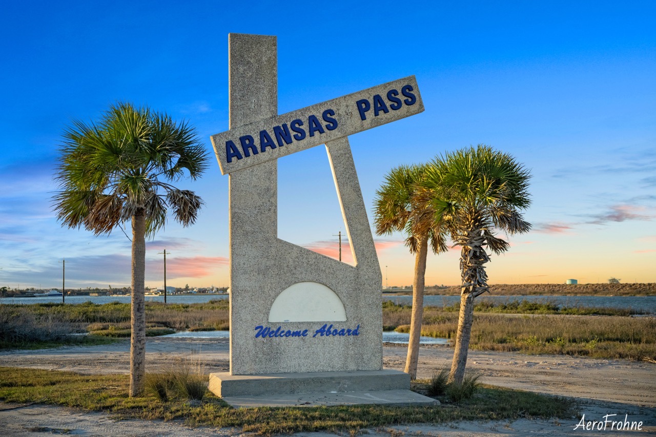 The Aransas Pass Welcome Aboard landmark sign