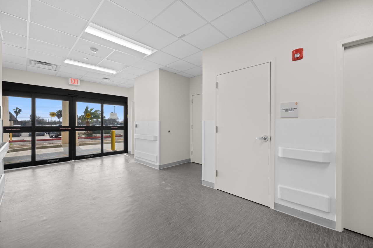 An empty, clean hospital hallway