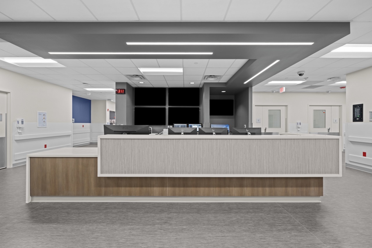 A wide view of a modern hospital nurse's station