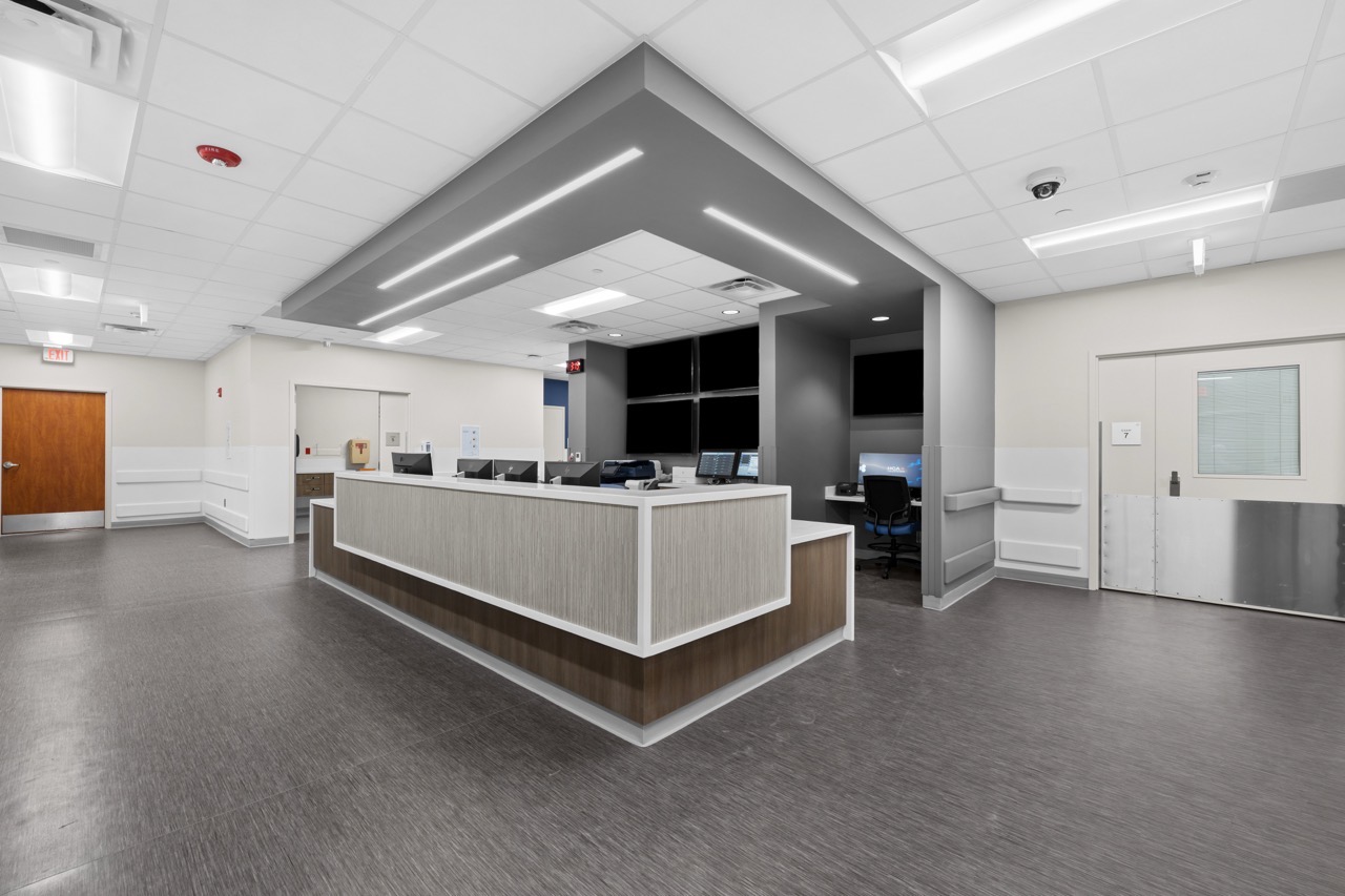 A nurse's station with a unique ceiling design