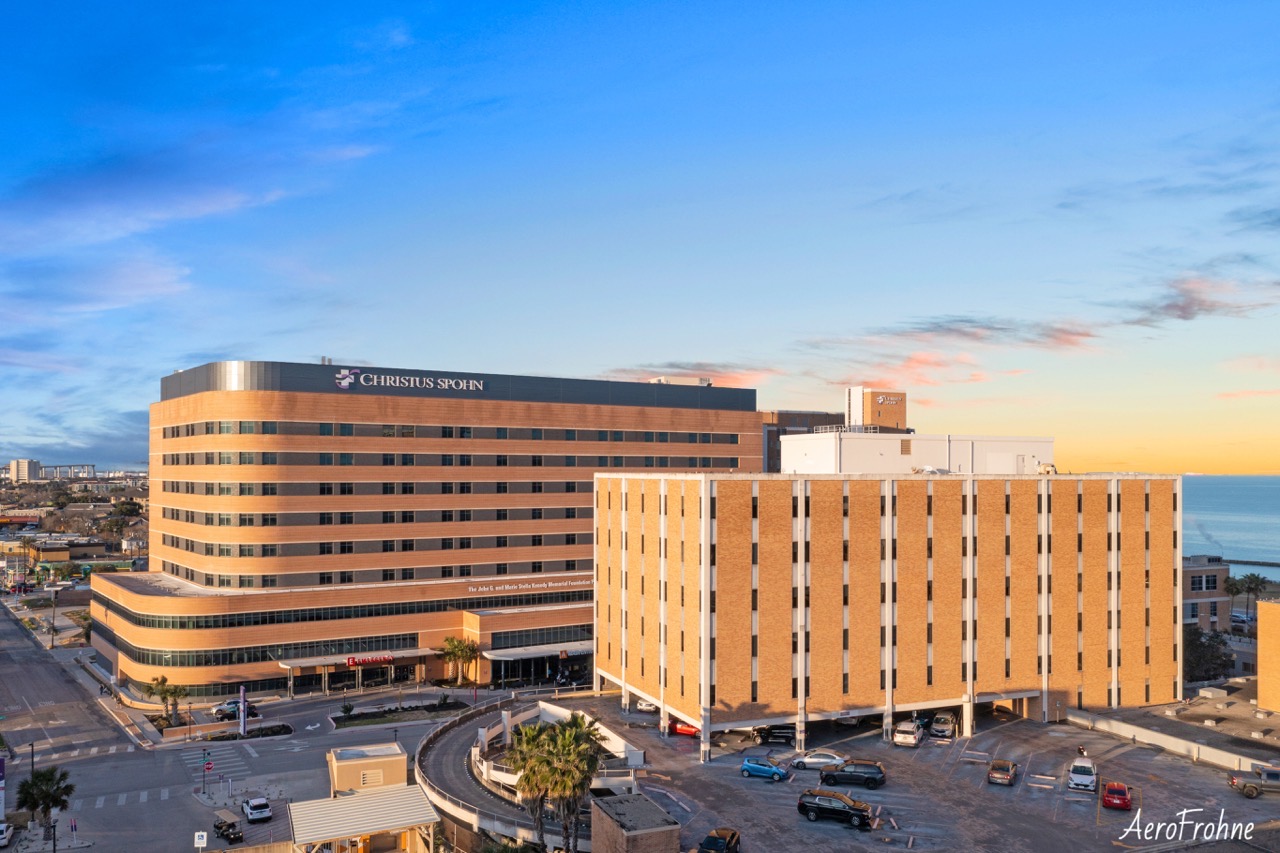 The exterior of the Christus Spohn Shoreline hospital building in Corpus Christi Texas