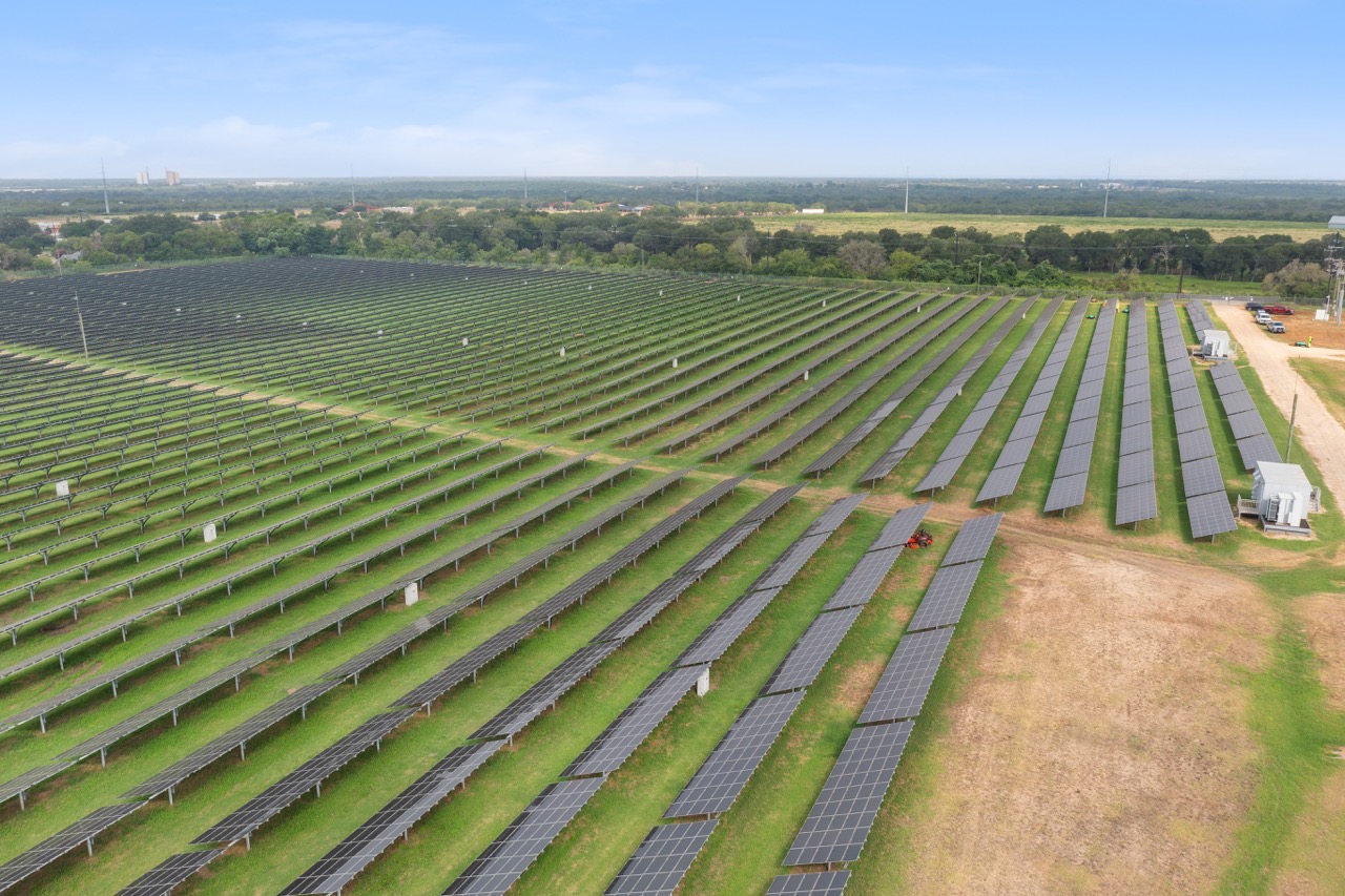 Aerial view of a large solar farm