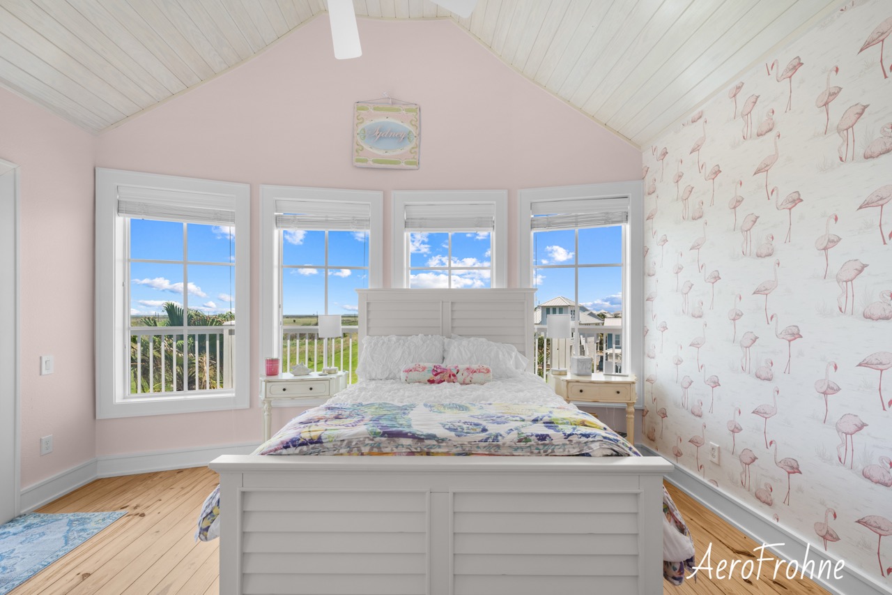 Interior bedroom with bay windows