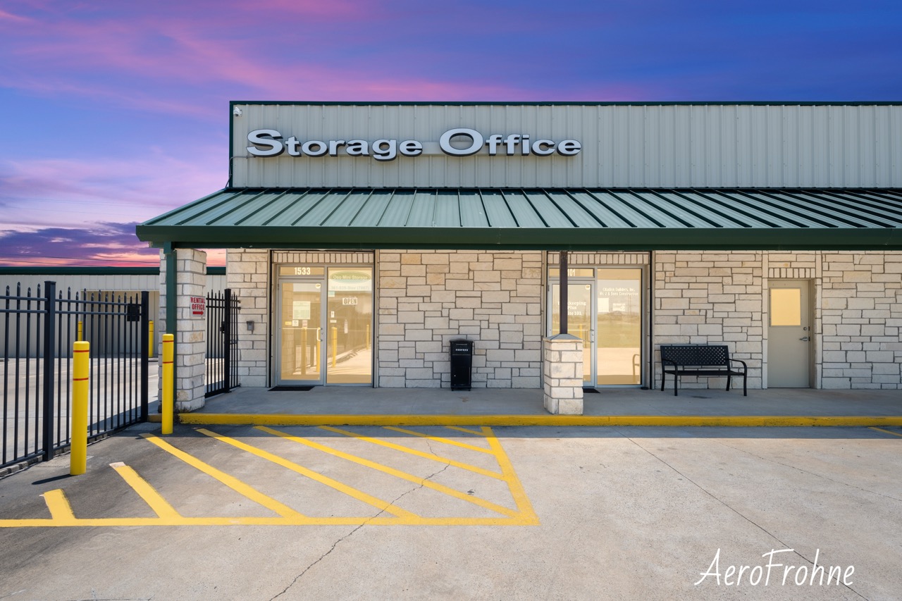 Twilight exterior of self-storage office