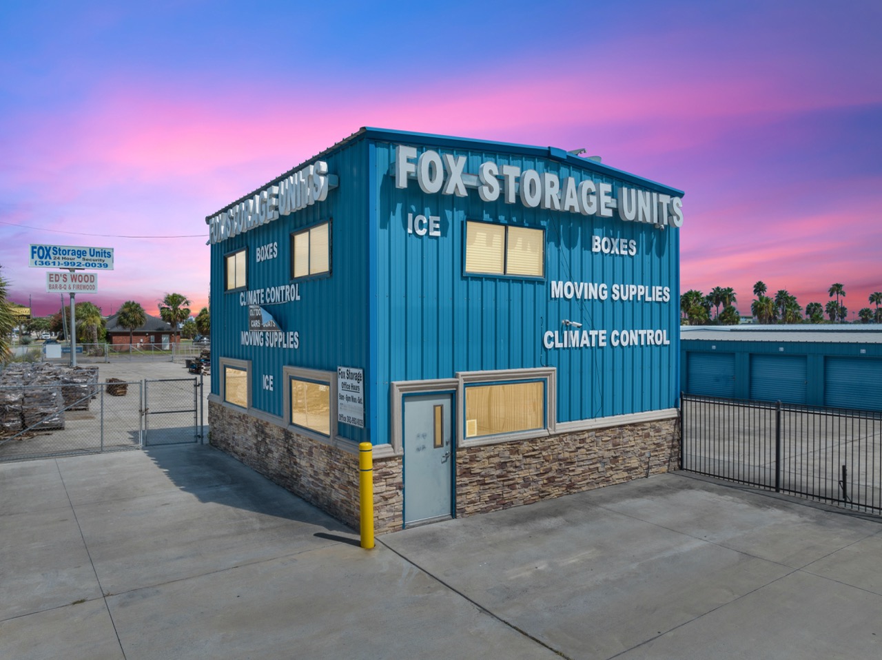 Twilight exterior of self-storage office