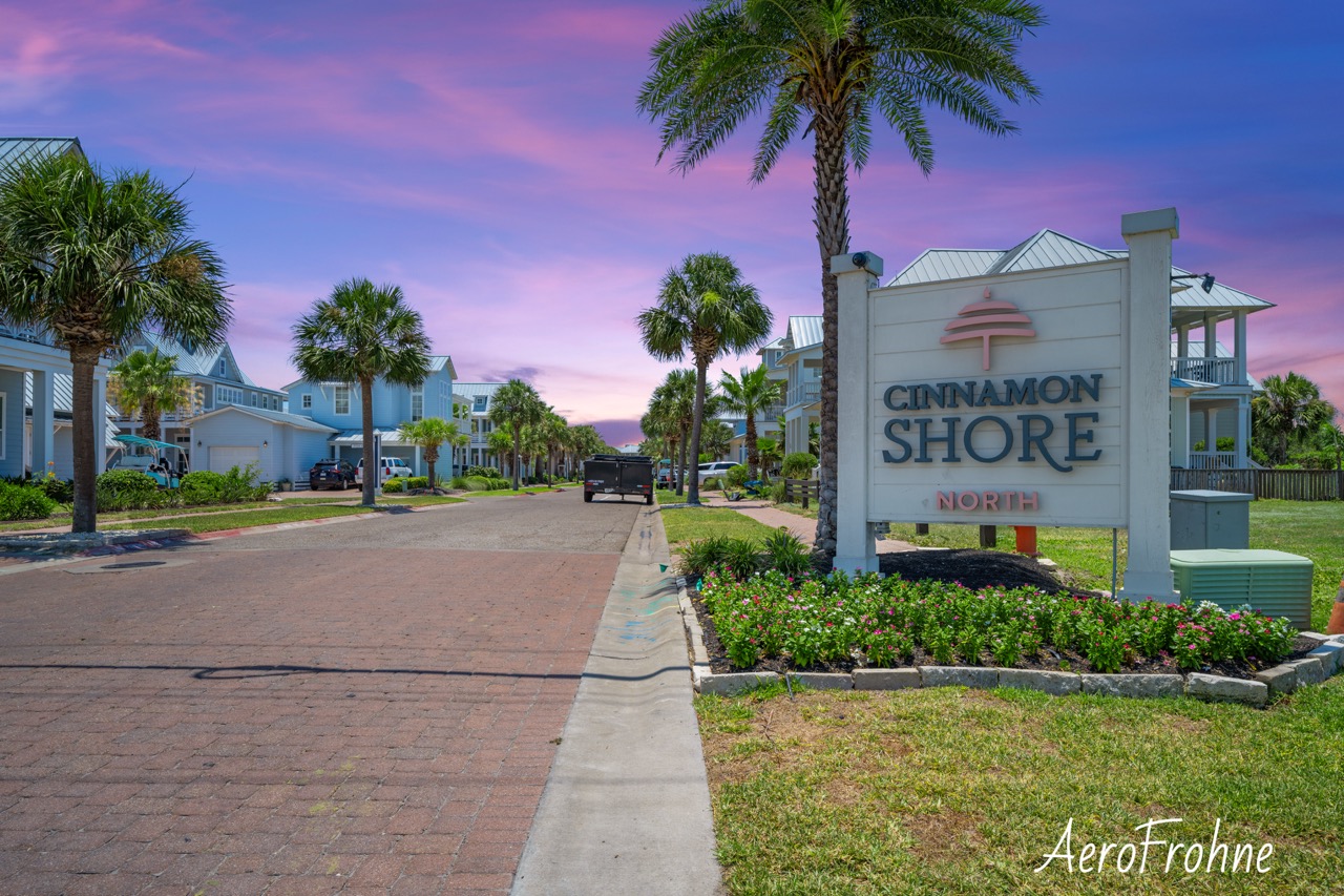 Twilight exterior of Cinnamon Shore entrance