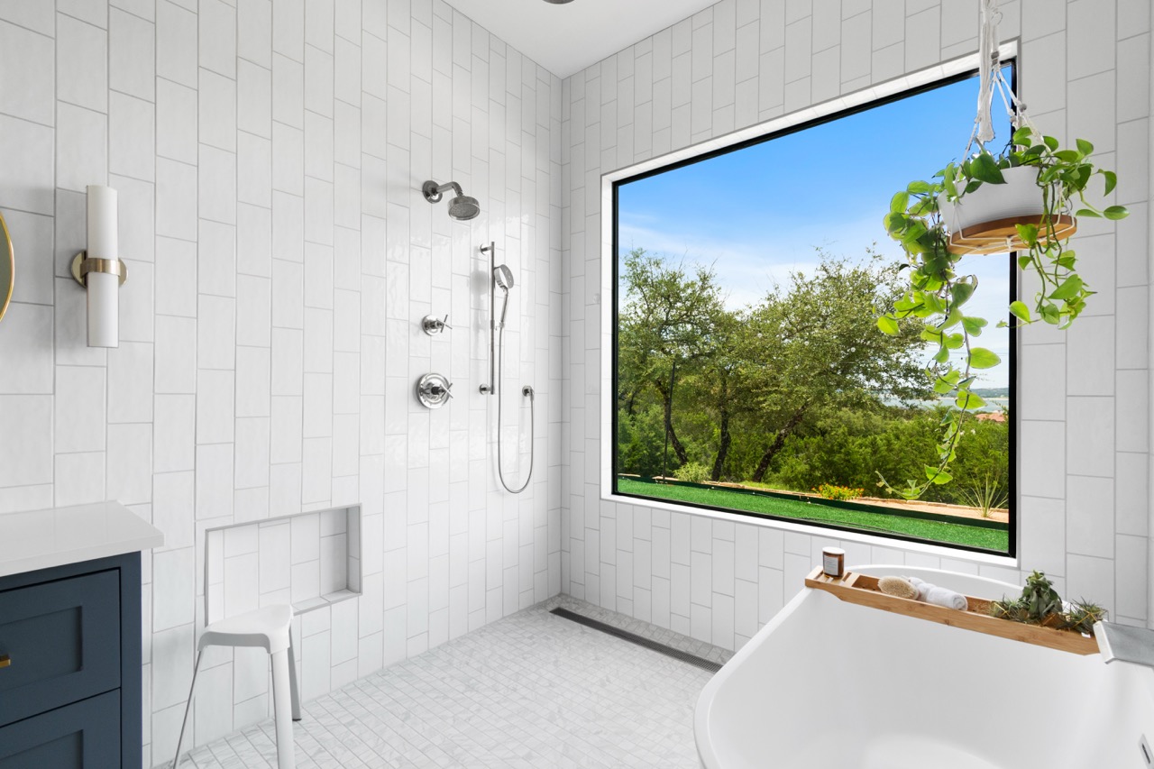 Interior modern bathroom with walk-in shower